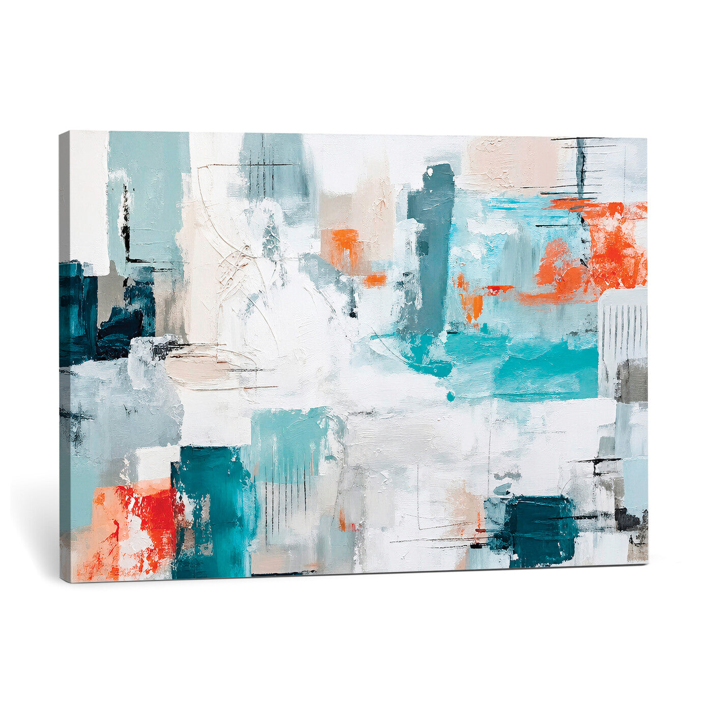 98638479-MGV-CV-36X24 - Blue Teal Abstract Canvas Wall Art | Modern Textured Painting Print, Navy Orange White Contemporary Art, Neutral Living Room Decor, Office Art