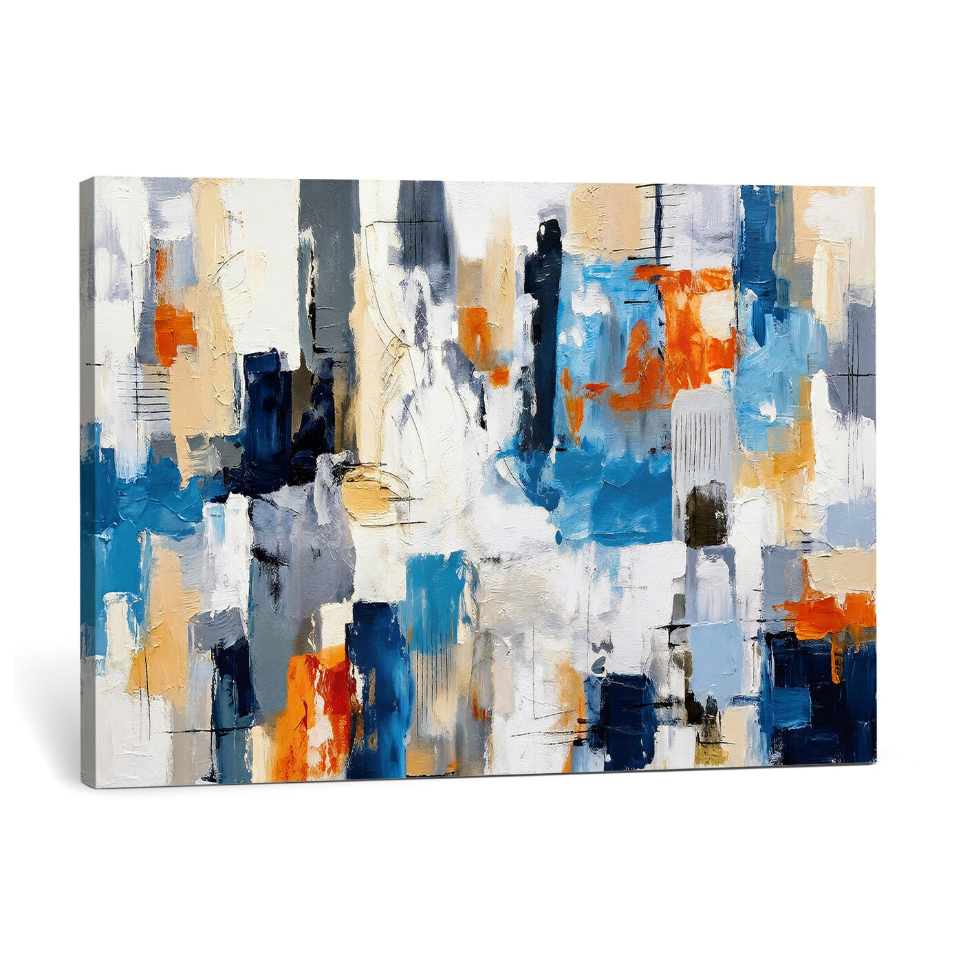 83915061-MGV-CV-36X24 - Blue Teal Abstract Canvas Wall Art, Modern Textured Painting Print, Navy Orange White Contemporary Art, Neutral Living Room Decor, Office Art
