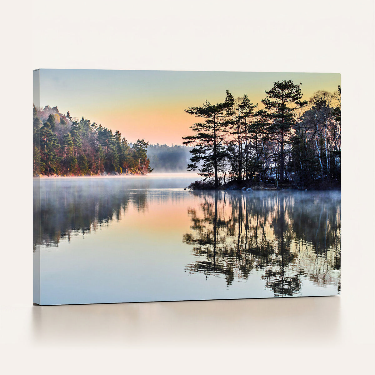 34236027-MGV-CV-36X24 - Before People Wake Canvas Wall Art Print, Misty Lake Sunrise Landscape, Forest Reflection Nature Decor, Ready to Hang