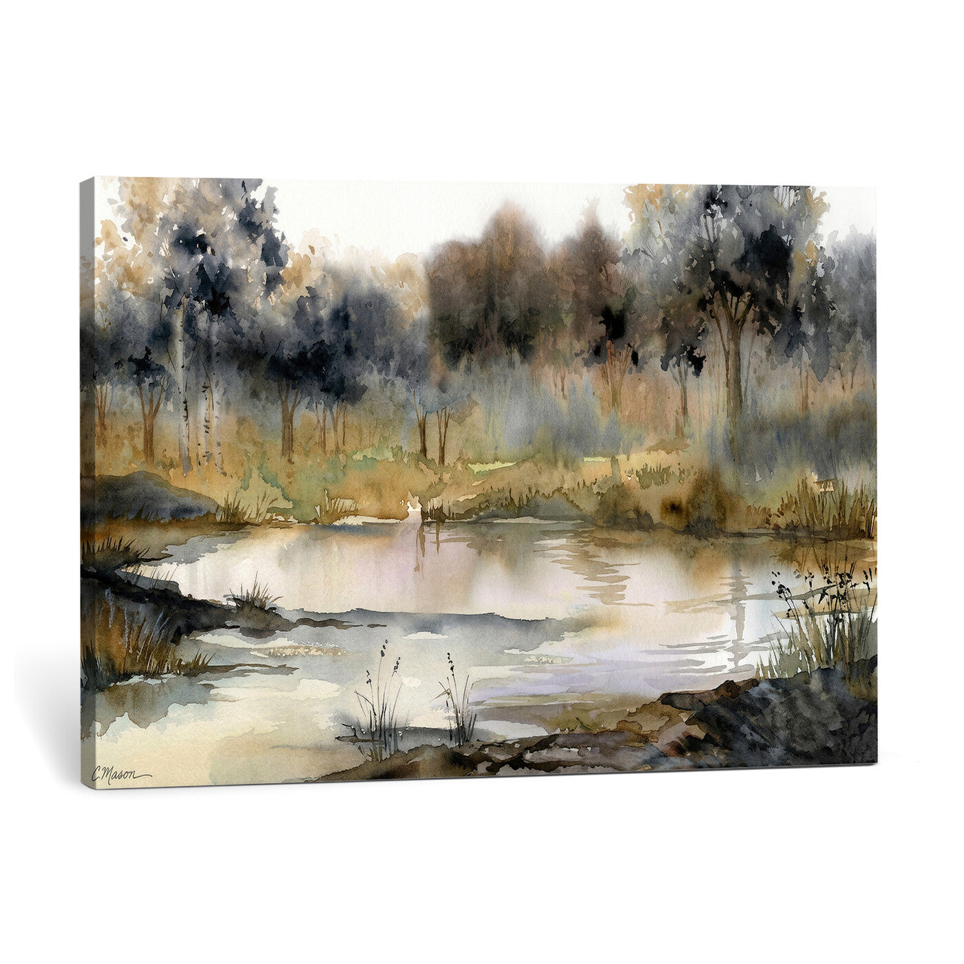 27383609-MGV-CV-36X24 - Abstract Watercolor Autumn Lake Canvas Wall Art Print - Misty Forest Landscape, Rustic Nature Painting, Cabin Wall Decor - Ready to Hang