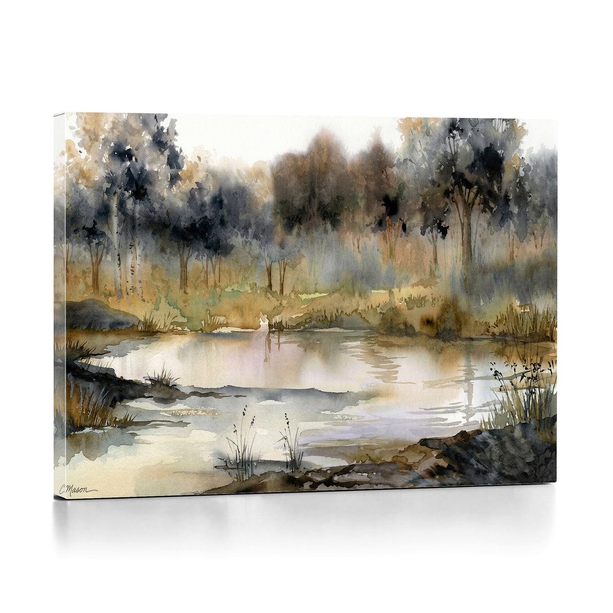 27383609-MGV-CV-36X24 - Abstract Watercolor Autumn Lake Canvas Wall Art Print, Misty Forest Landscape