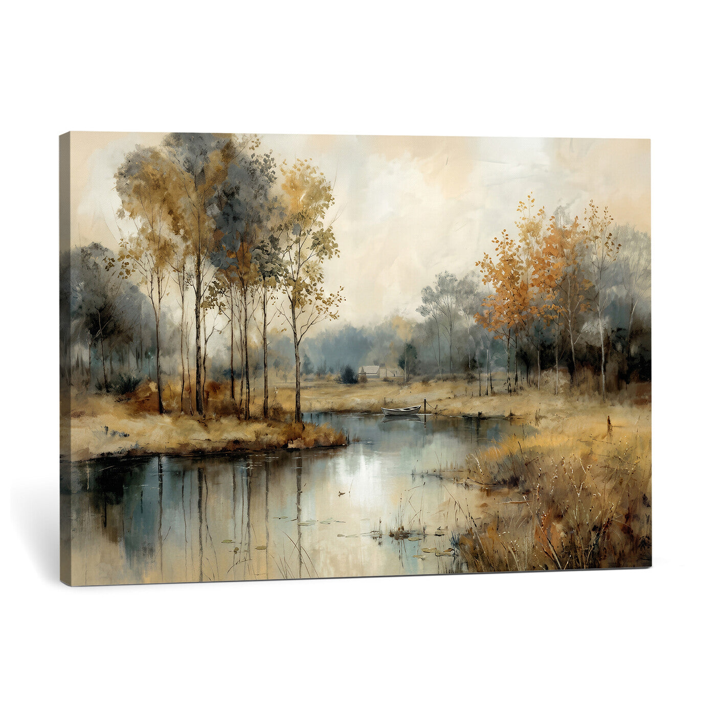 74391095-MGV-CV-36X24 - Abstract WatercolorAutumn Lake Canvas Wall Art Print, Misty Forest Landscape, Rustic Nature Painting, Cabin Wall Decor | Ready to Hang