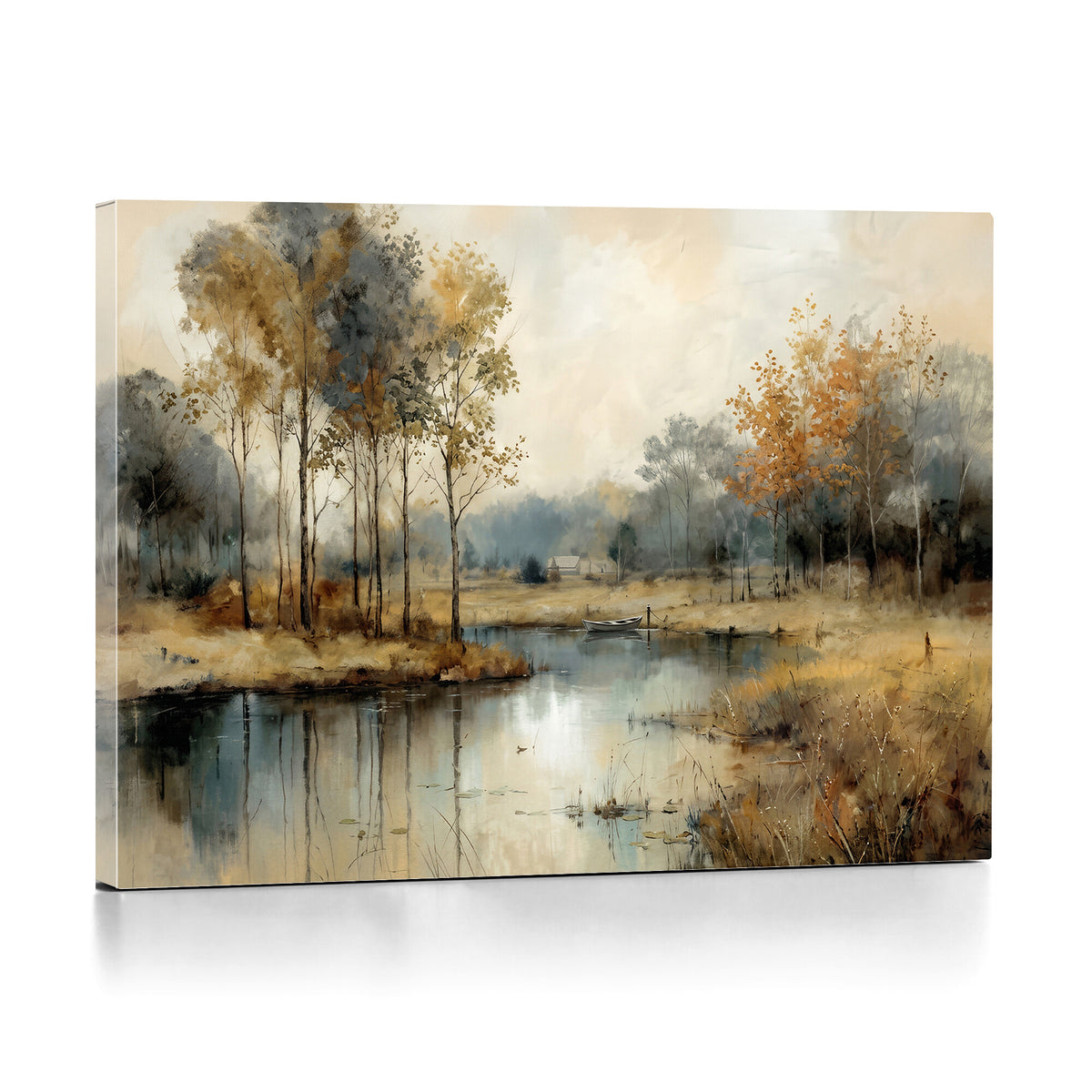74391095-MGV-CV-36X24 - Abstract Watercolor Autumn Lake Canvas Wall Art Print, Misty Forest Landscape