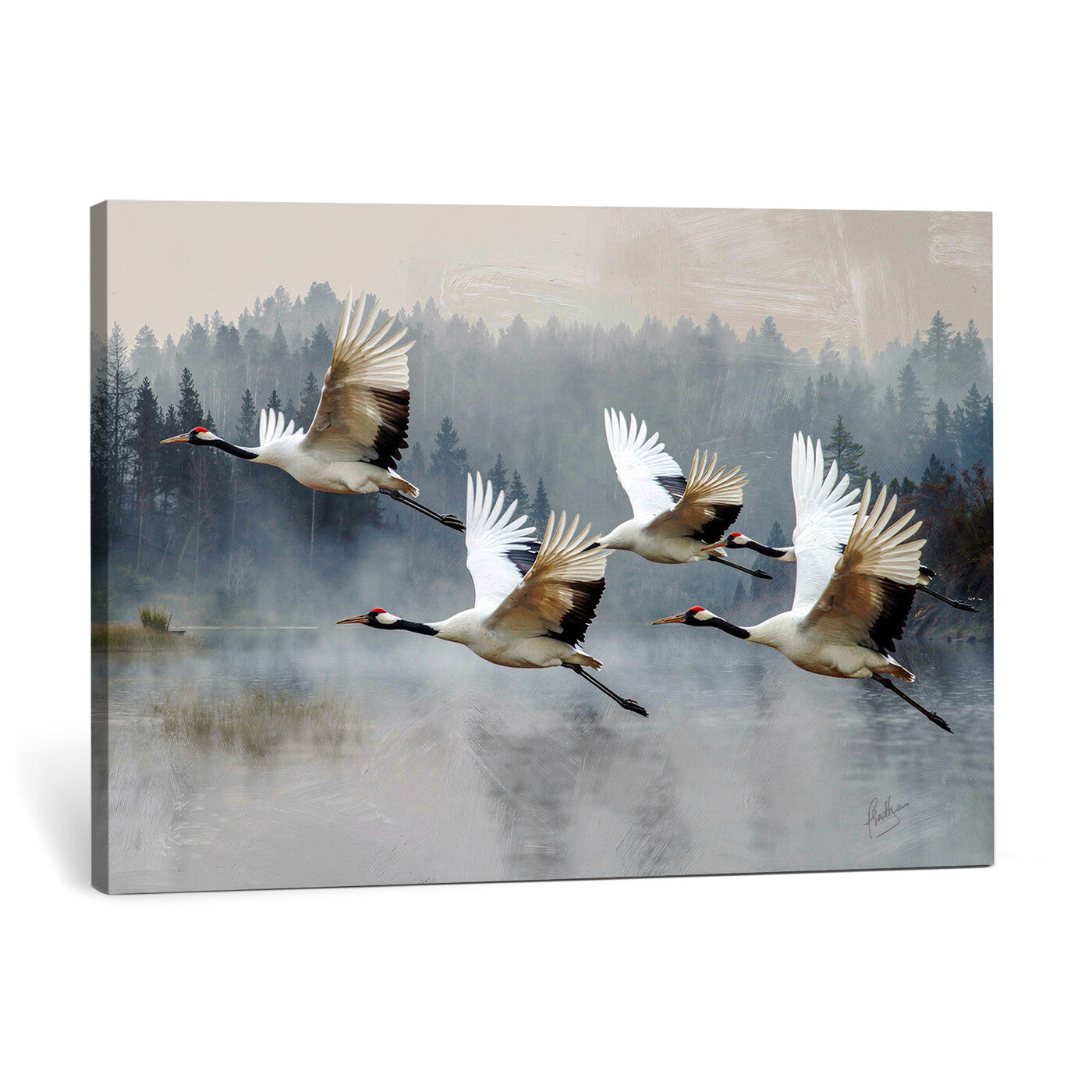 24356826-MGV-CV-36X24 - Flying Crane Canvas Wall Art Print, White Crane Bird Artwork, Wildlife Nature Decor, Lake Landscape Canvas - Ready to Hang