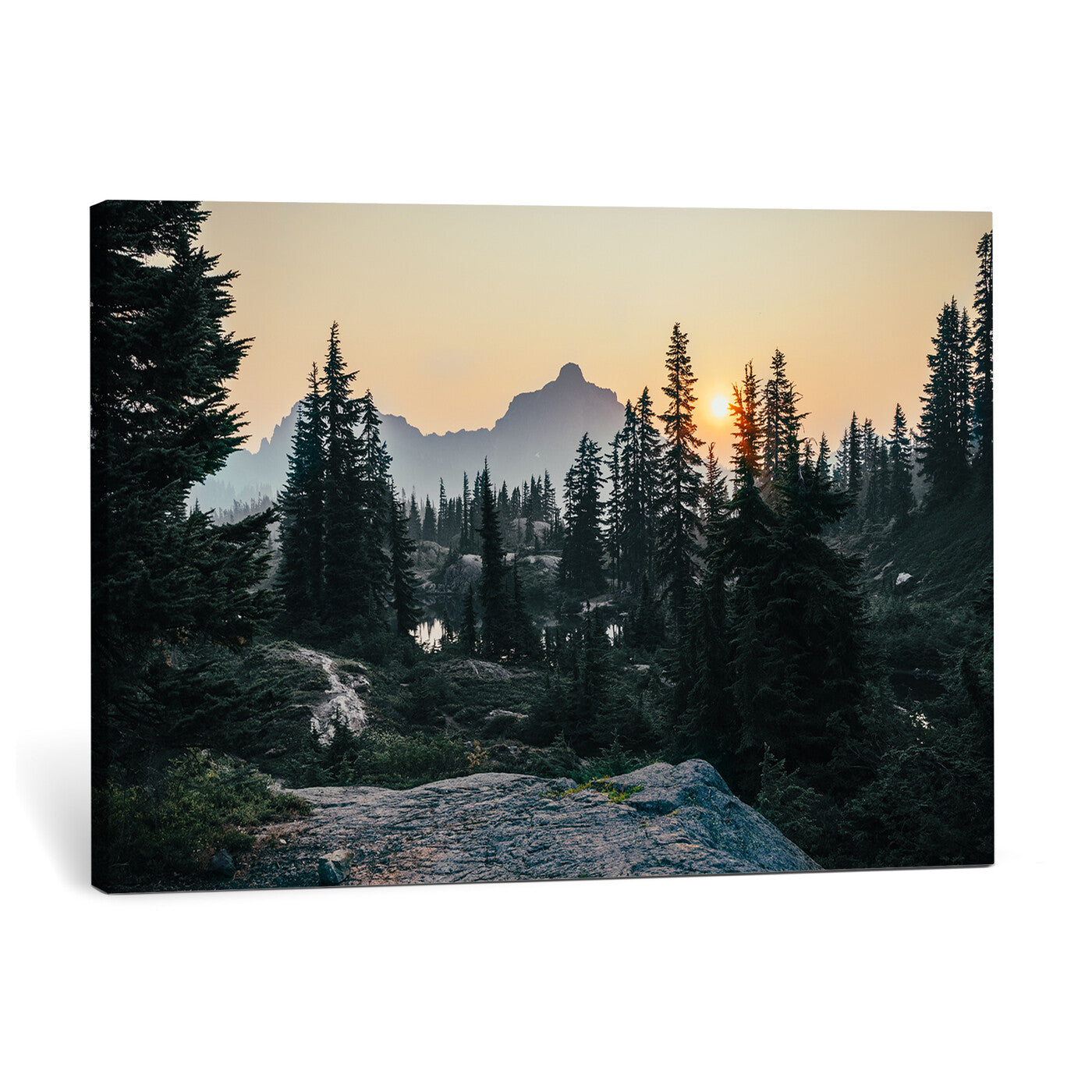 89996020-MGV-CV-36X24 - Mountain Forest Canvas Wall Art Print - Pine Tree Landscape, Sunset Nature Photography, Wilderness Wall Decor, Ready to Hang