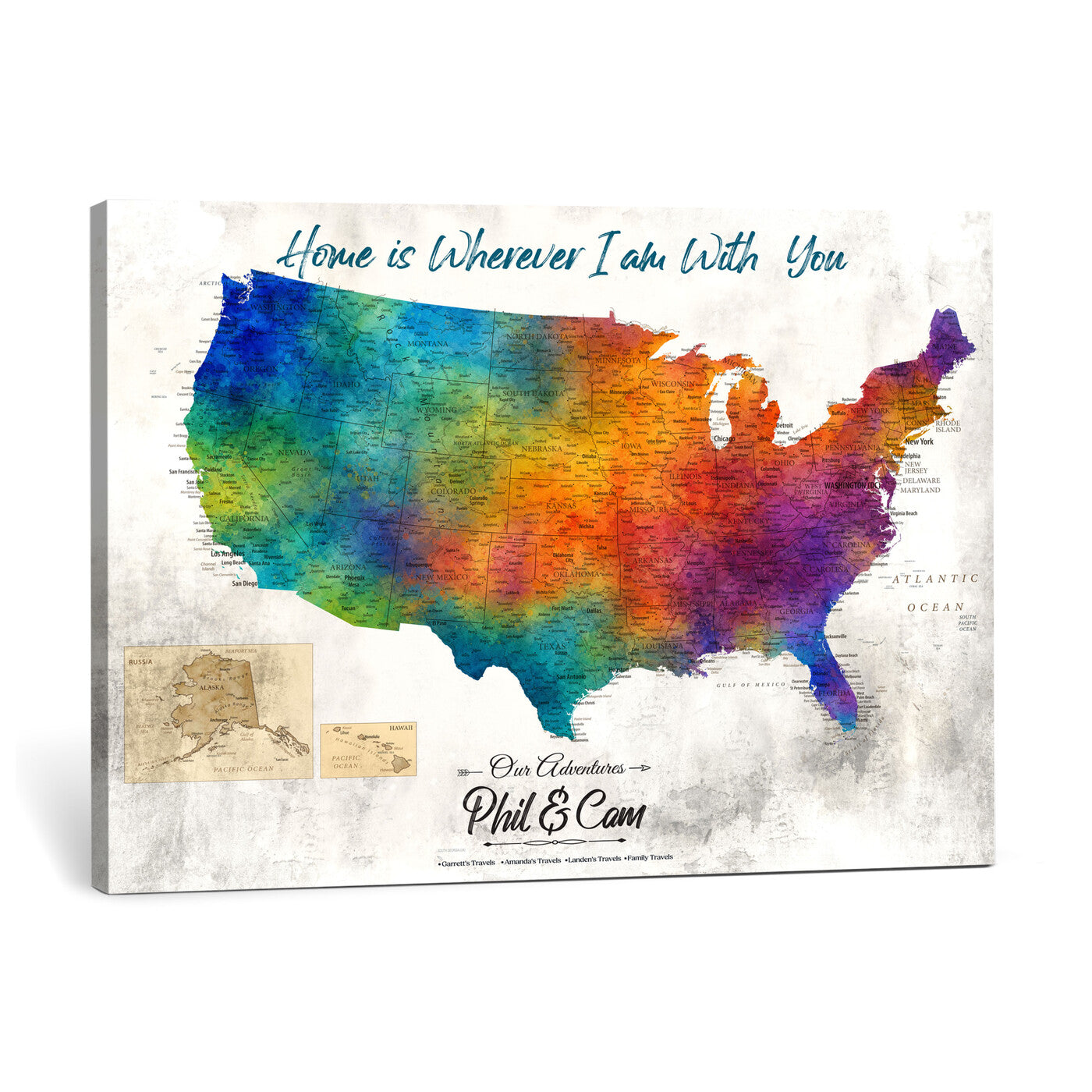17251793-MGV-CV-36X24 - Watercolor USA Travel Map with Pins Colorful Modern Canvas Wall Art