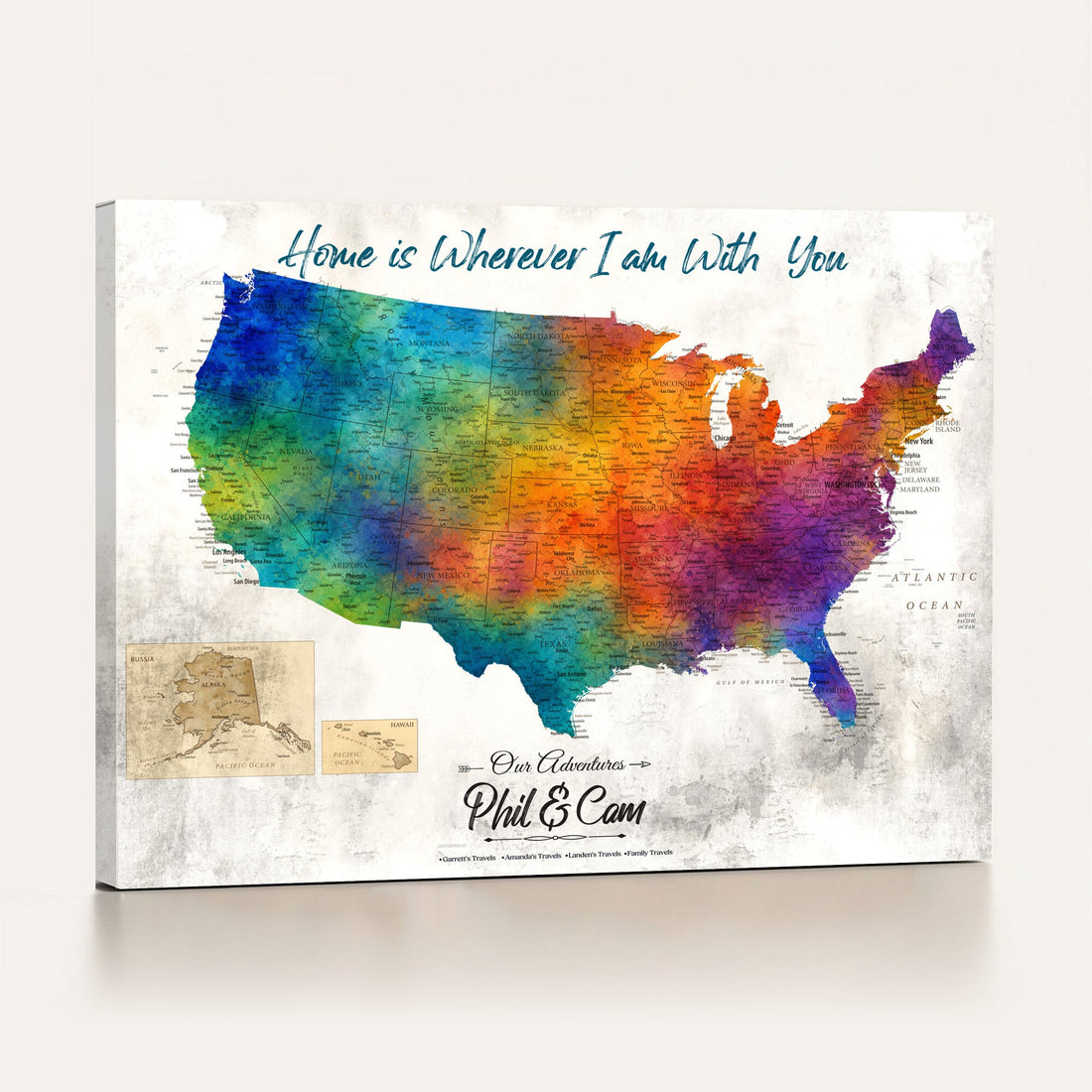 Personalized Watercolor Push Pin USA Map Canvas Print, 50 States Road Trip Tracker, Entryway and Hallway Decor