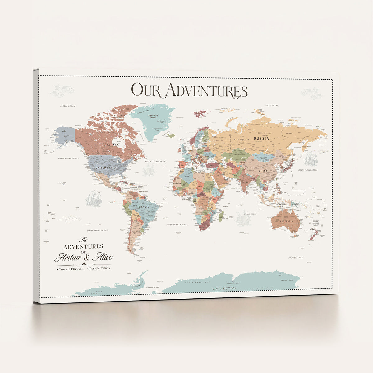 NEWMAP-4-MGV-CV-36X24 - Custom World Travel Map Wall Art with Pins, Places Visited Tracker, Family Room and Bedroom Decor