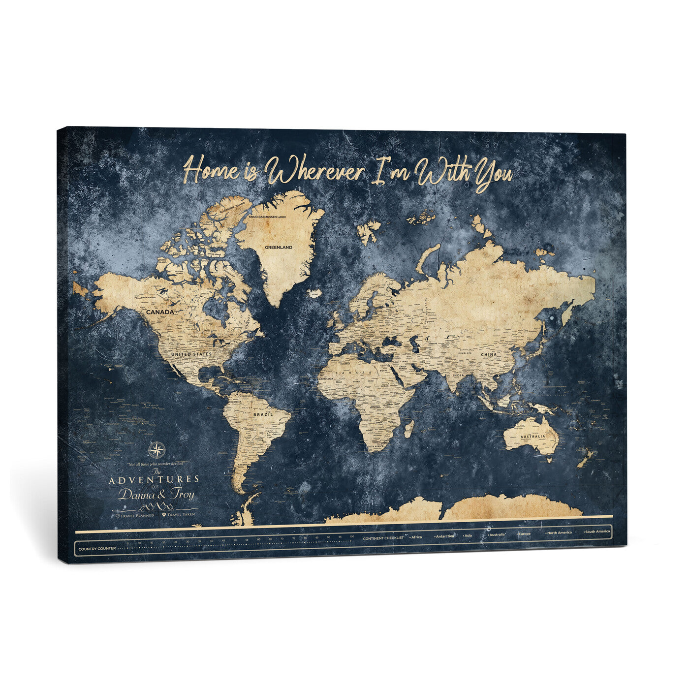 400867BL-MGV-CV-36X24 - Framed Blue Custom Push Pin World Map Canvas Print – Personalized Travel Map Wall Art