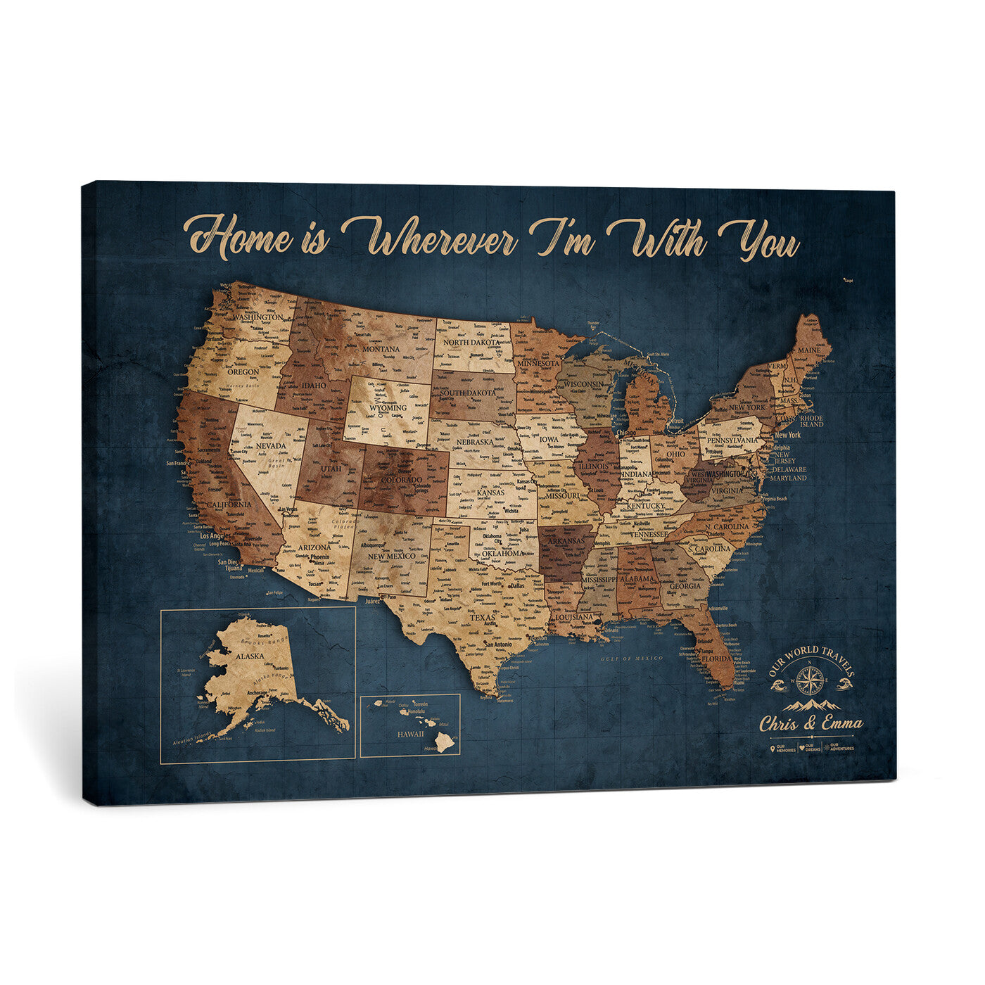 87620242N-MGV-CV-36X24 - Personalized USA Push Pin Travel Map Wall Art Canvas Print | Custom United States Map, Push Pin Map - USA Bucket List Map
