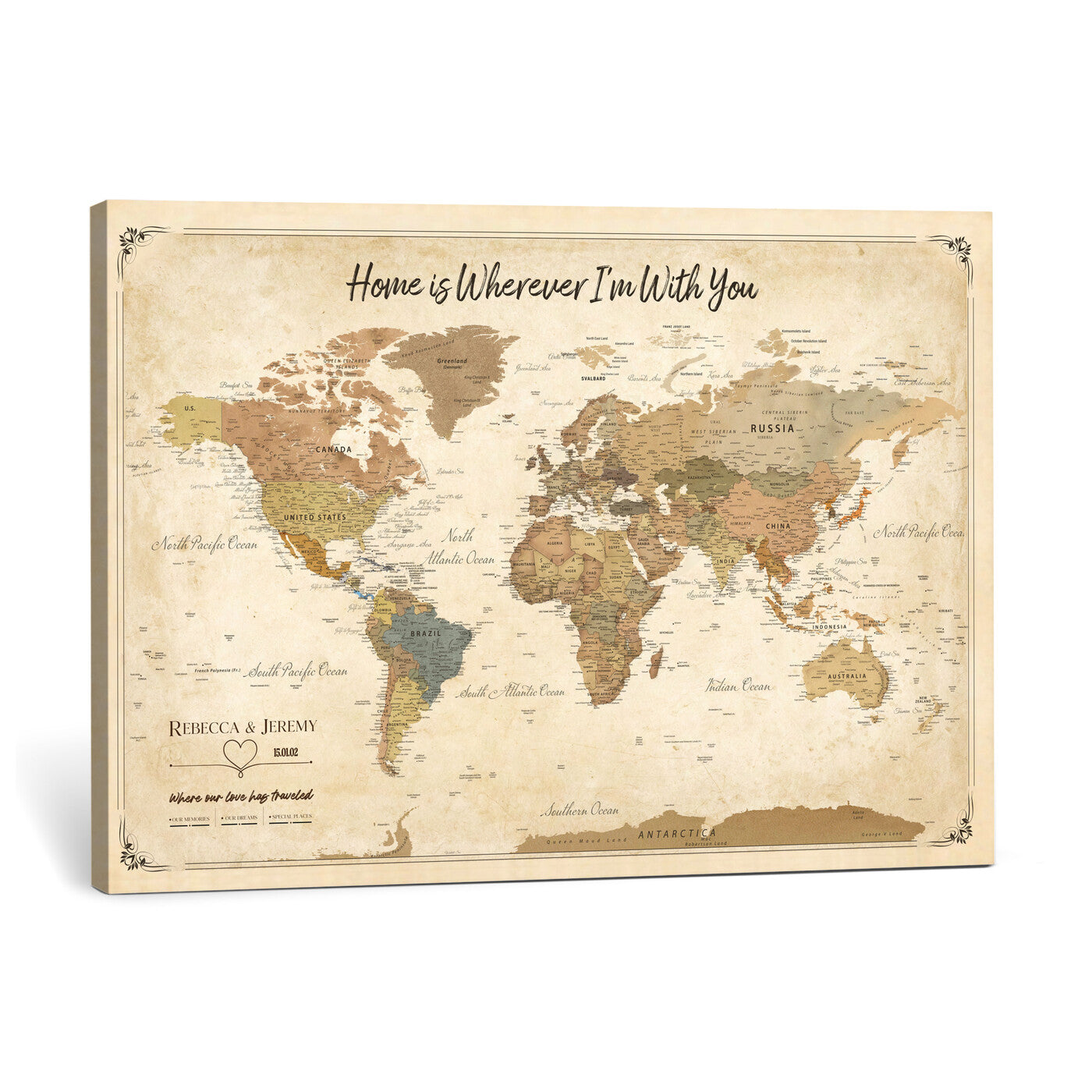 40086165-MGV-CV-36X24 - Framed Vintage Custom Push Pin World Map Canvas Print – Personalized Travel Map Wall Art