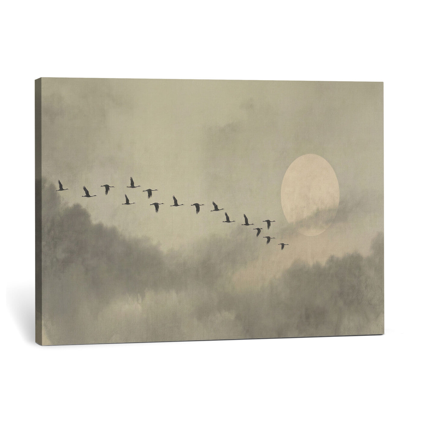 12098149-MGV-CV-36X24 - Flock of Birds Flying to Full Moon Wall Art Canvas Print - Vintage Surreal Clouds Painting