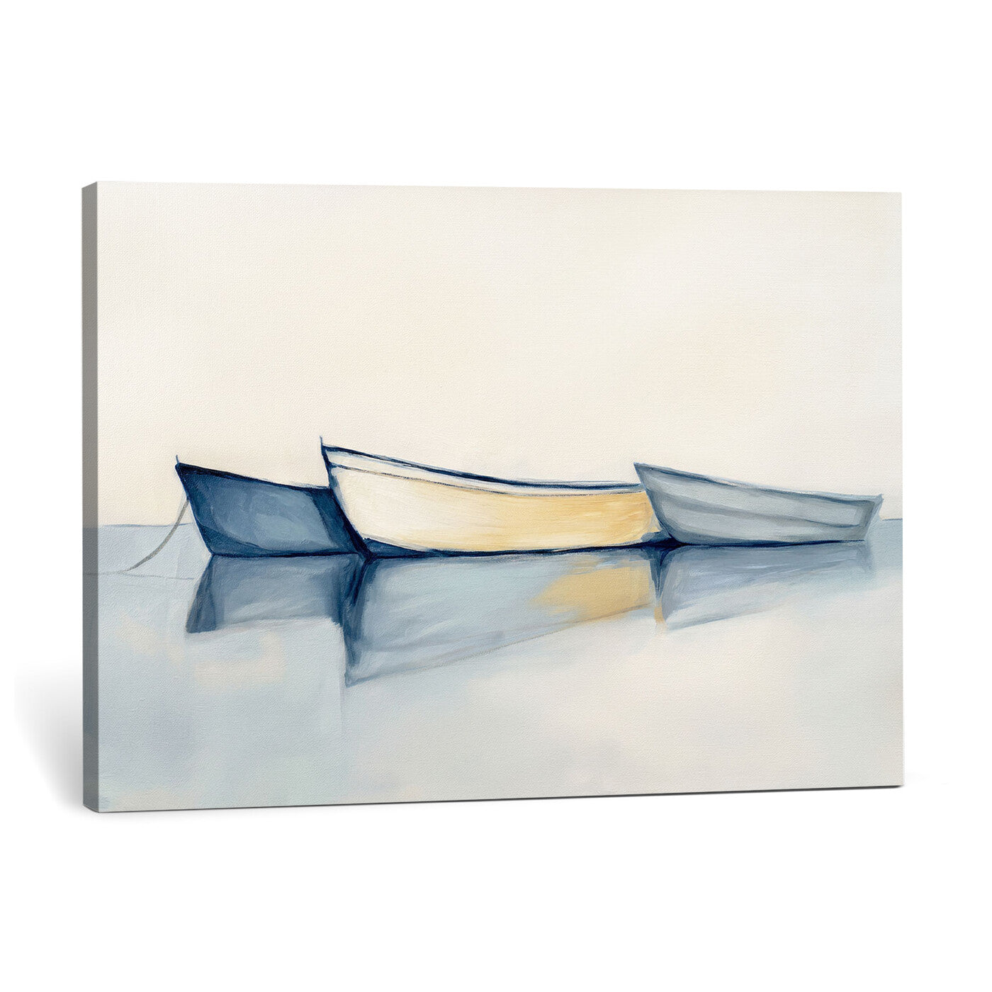 84017361-MGV-CV-36X24 - Abstract Three Boats Reflecting on Water Wall Art Canvas Print - Minimalist Coastal Seascape