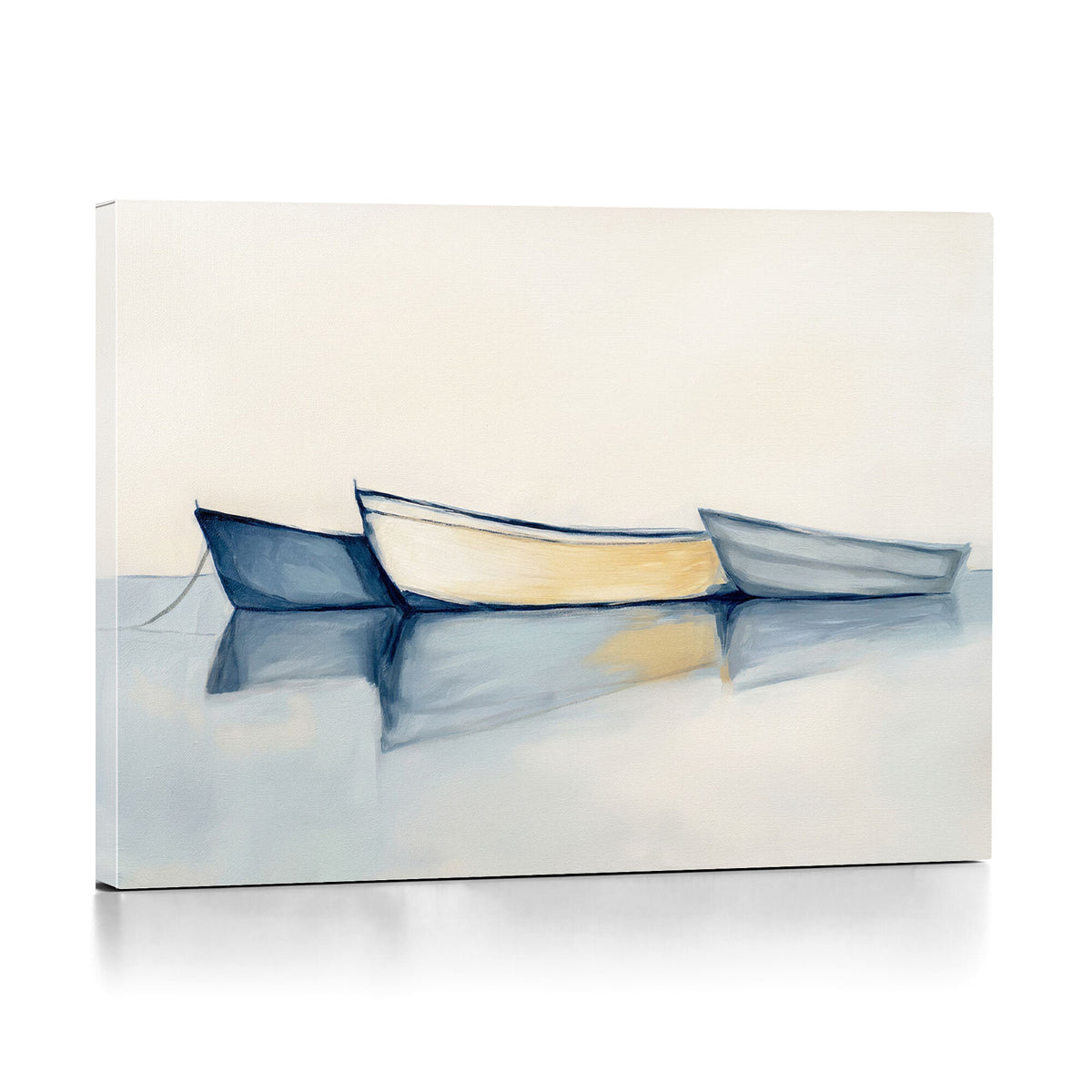 84017361-MGV-CV-36X24 - Abstract Three Boats Reflecting on Water Wall Art Canvas Print, Minimalist Coastal Seascape