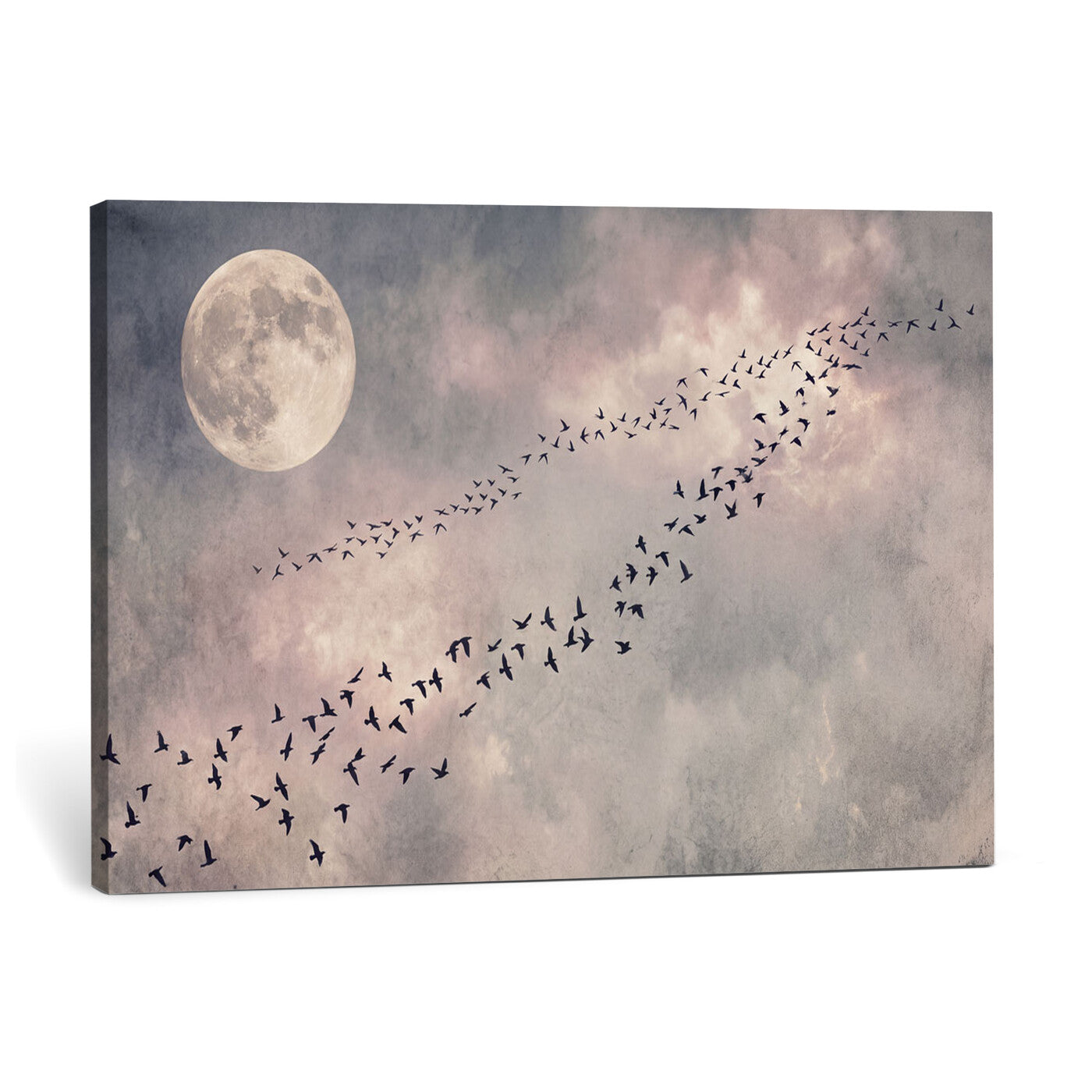 52339590-MGV-CV-36X24 - Birds Flying to Moon Wall Art Canvas Print - Vintage Surreal Night Sky Sky Print