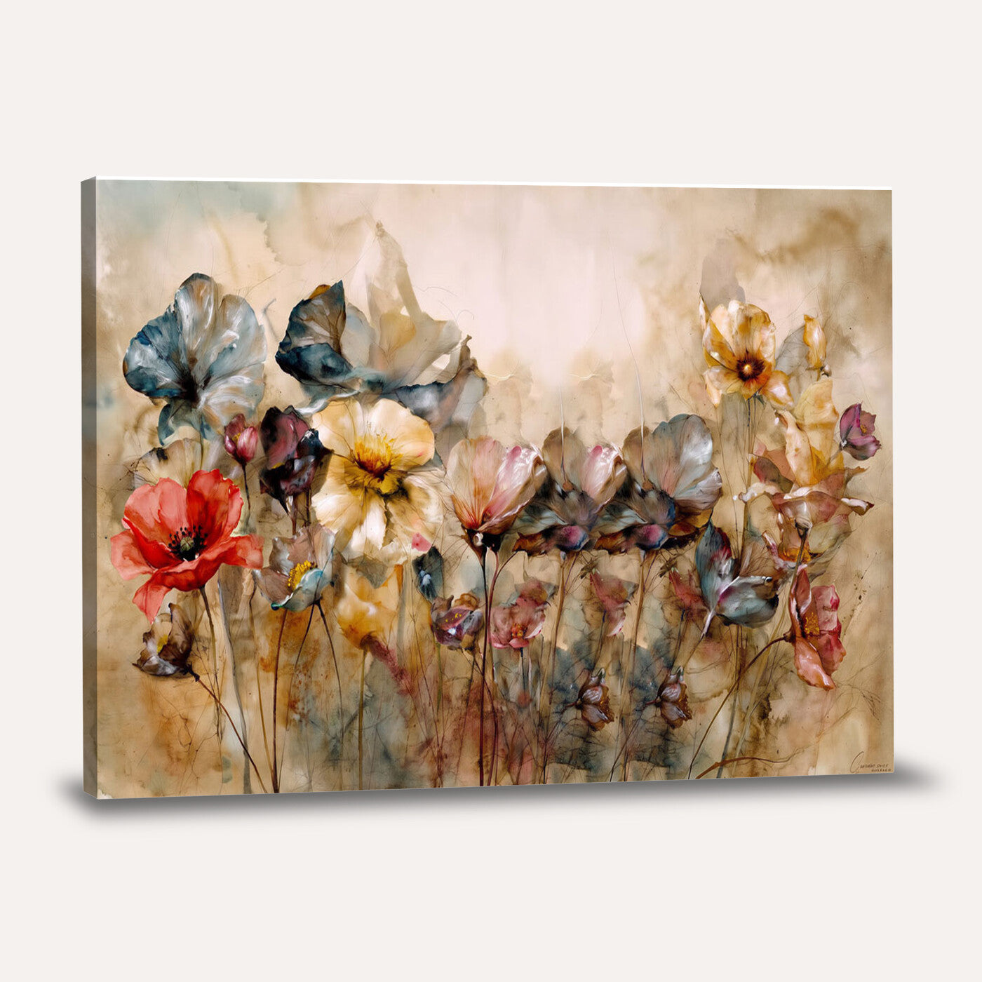 11407233-MGV-CV-36X24 - Vintage Dried Floral Meadow Wall Art Canvas Print, Translucent Watercolor Flowers Painting Print