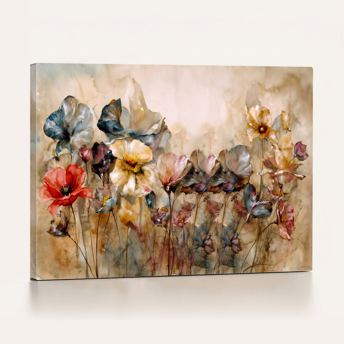 11407233-MGV-CV-36X24 - Vintage Dried Floral Meadow Wall Art Canvas Print, Translucent Watercolor Flowers Painting Print