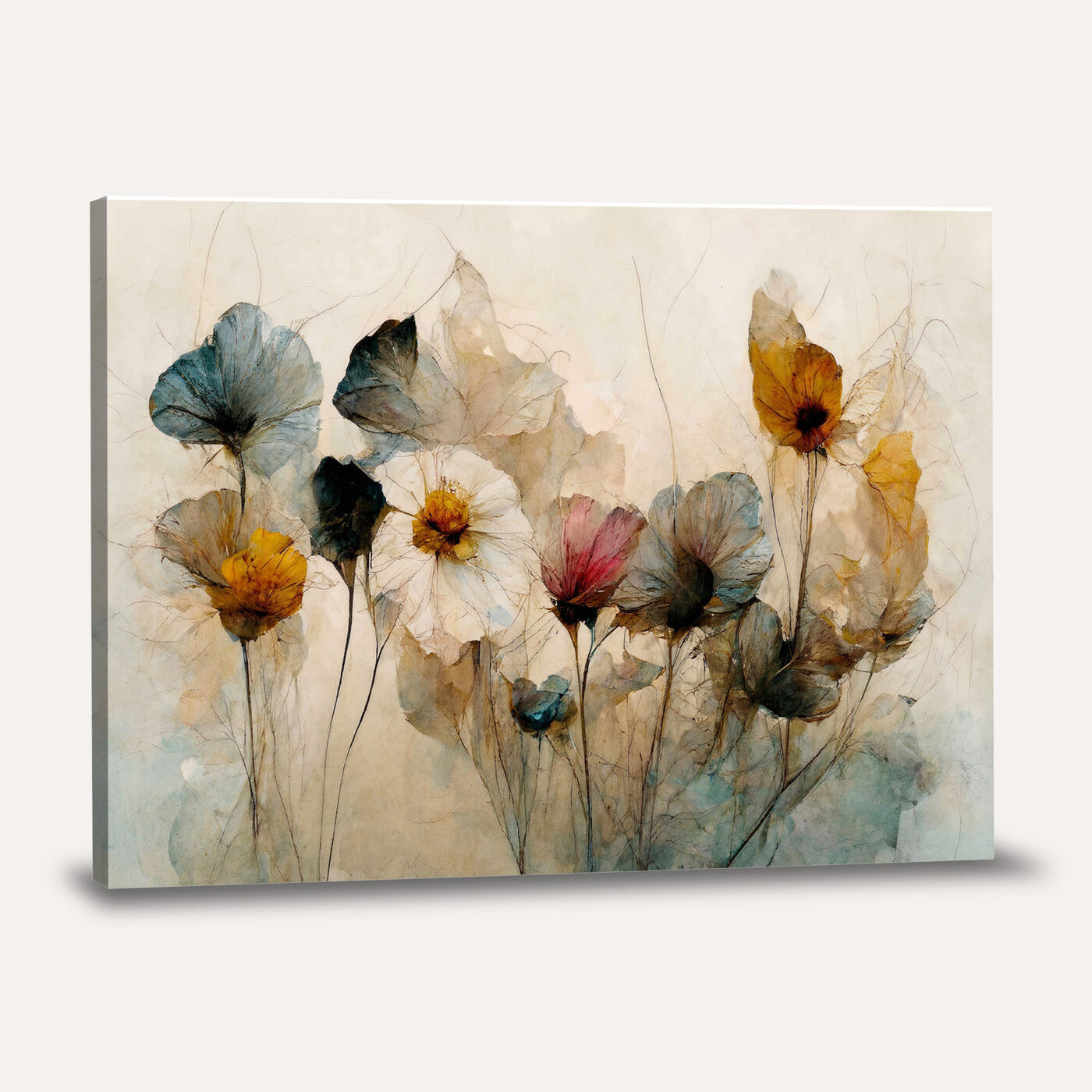 86802229-MGV-CV-36X24 - Vintage Dried Floral Meadow Wall Art Canvas Print, Translucent Watercolor Flowers Painting Print