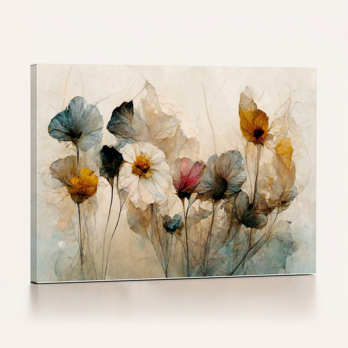 86802229-MGV-CV-36X24 - Vintage Dried Floral Meadow Wall Art Canvas Print, Translucent Watercolor Flowers Painting Print