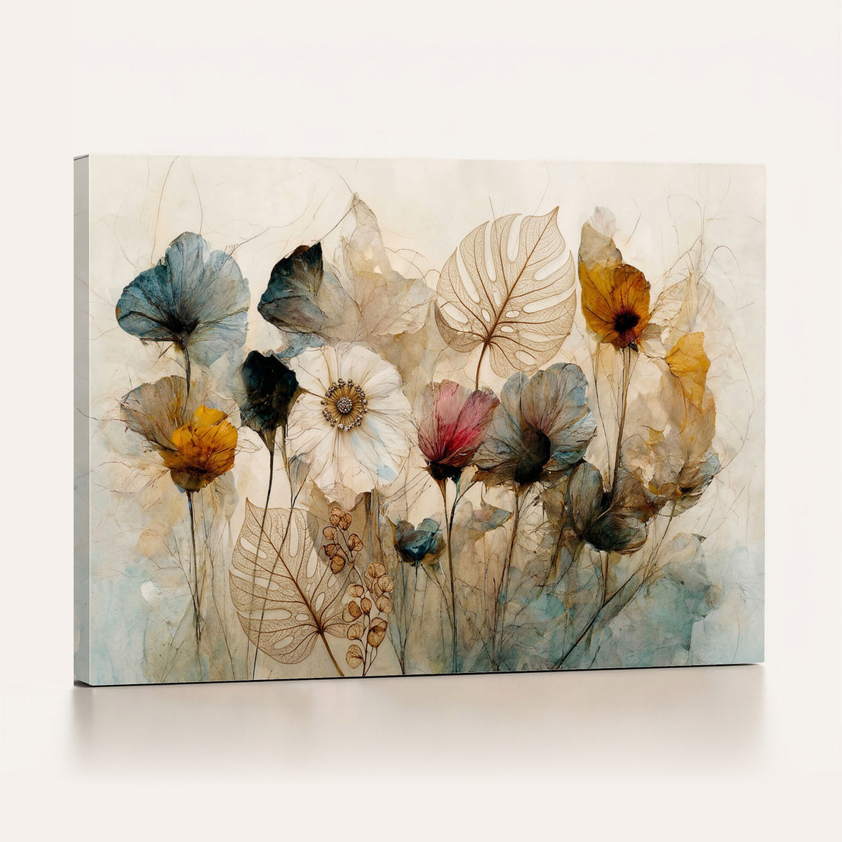 93171612-MGV-CV-36X24 - Vintage Dried Floral Meadow Wall Art Canvas Print, Translucent Watercolor Flowers Painting Print