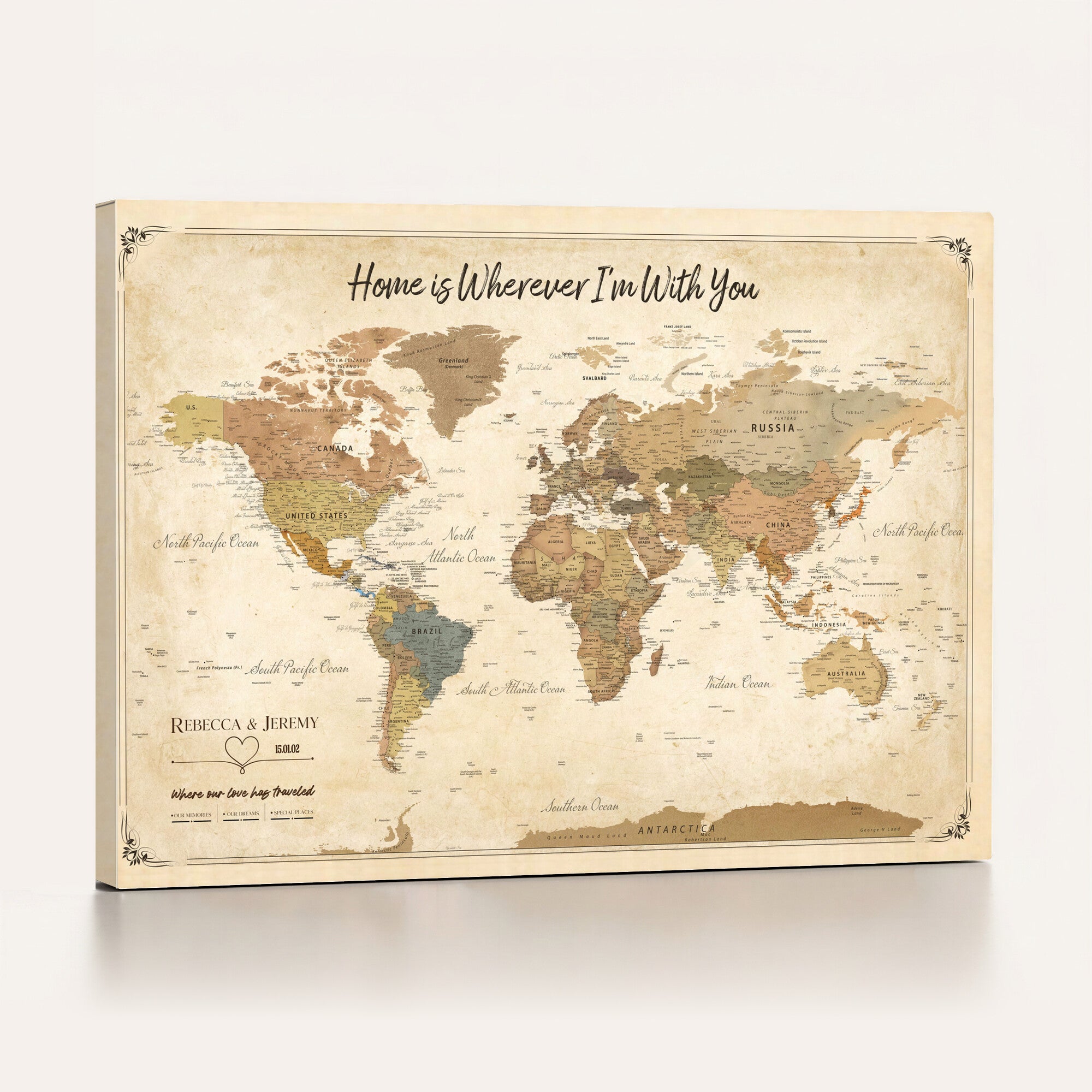40086165SP-MGV-CV-36X24 - Custom Push Pin Travel Map Canvas Print, Cream Personalized Travel Tracker Map, Anniversary Gift, Vintage World Map Wall Art