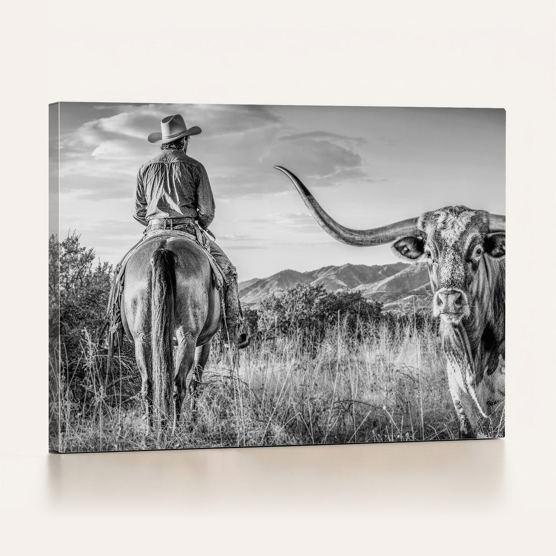 Texas Cowboy and Longhorn Bull Print for Western Wall Art Decor