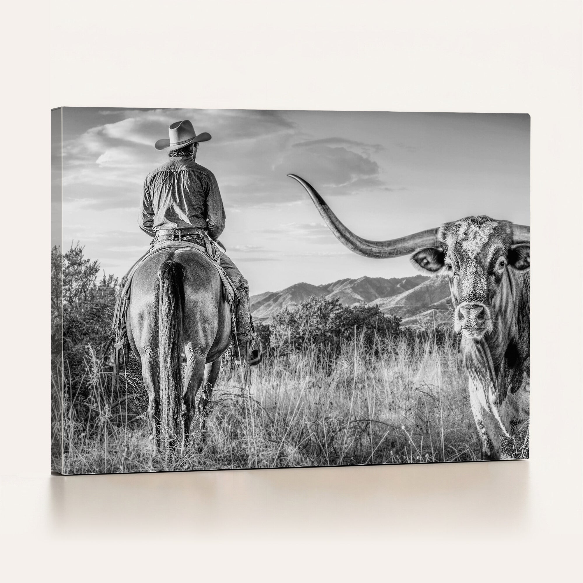 62076449WB-MGV-CV-36X24 - Texas Cowboy and Longhorn Bull Print for Western Wall Art Decor for Farmhouse