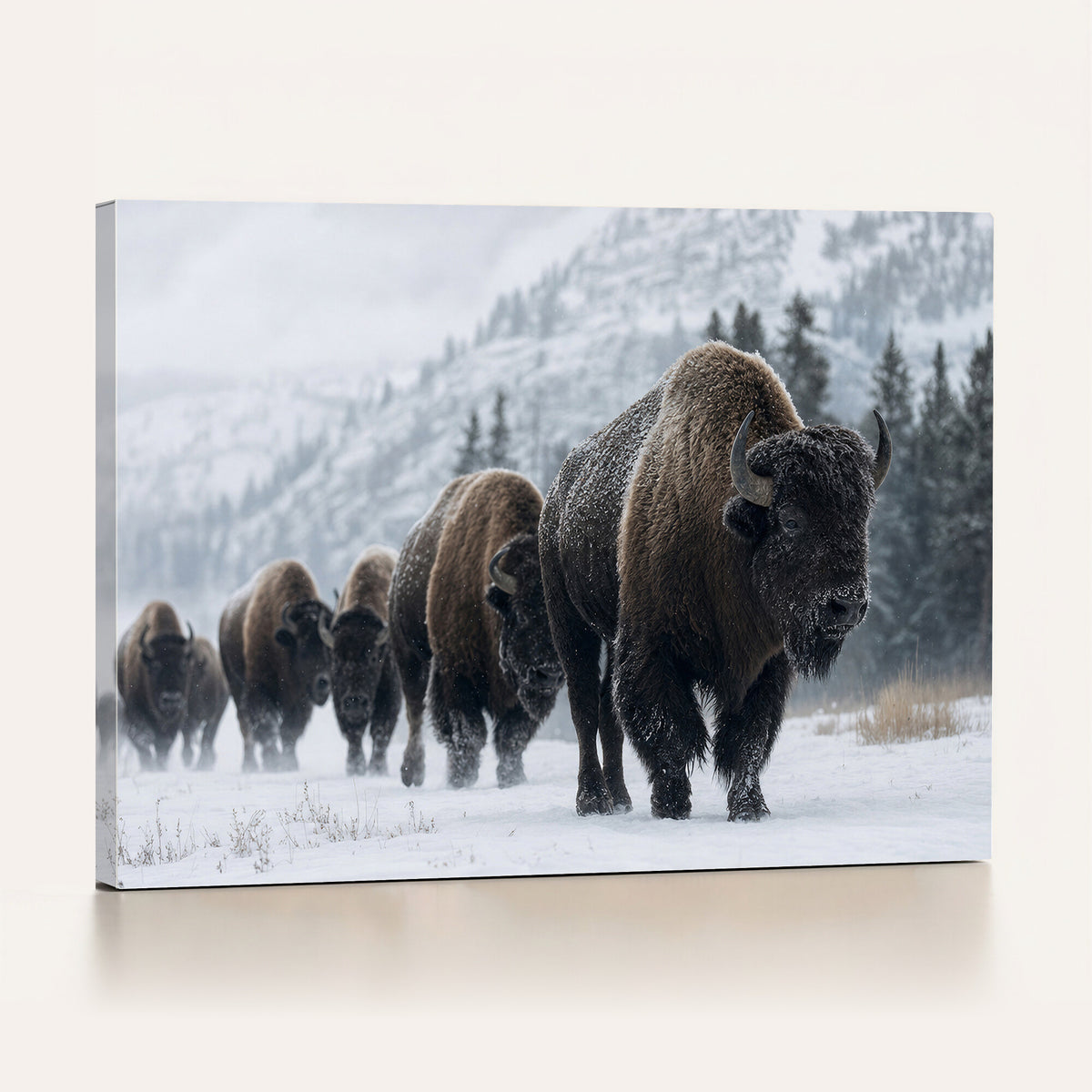 18343289-MGV-CV-36X24 - Rustic Bison Wall Art, American Buffalo Photo Print, Wildlife Canvas Artwork, Snowy Mountain Decor, Large Nature Poster, Cabin Gift Idea