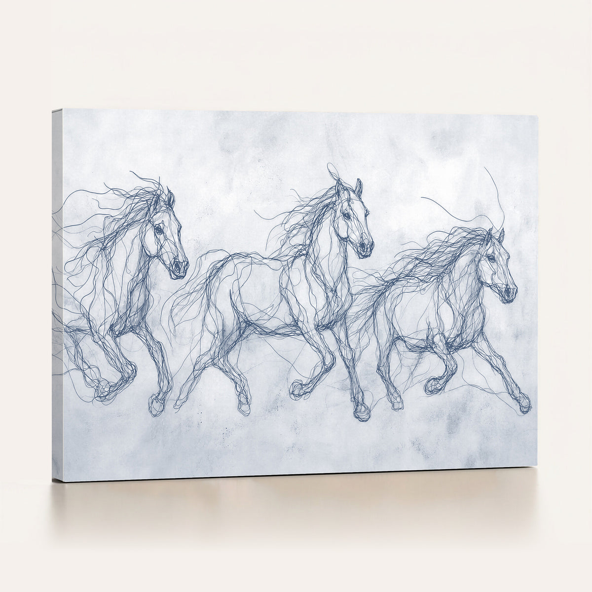 41163601-MGV-CV-36X24 - Indigo Blue Horse Line Art Canvas, Steel Grey Wild Horses Print, Abstract Navy Scribble Artwork, Modern Slate Equine Wall Decor, Coastal Ranch Gift