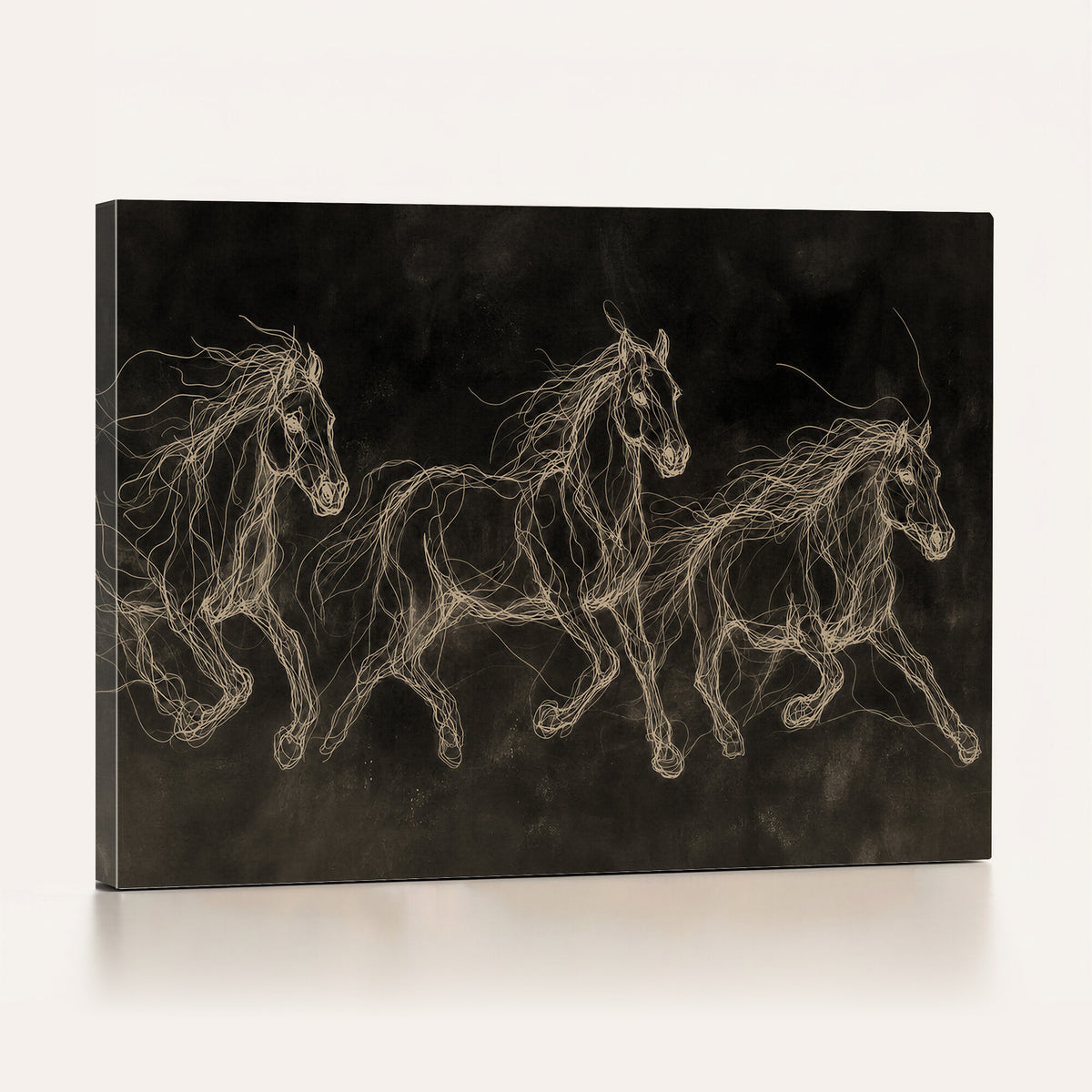 15344242-MGV-CV-36X24 - Dark Horse Line Art Canvas, Gold Scribble Wild Horses Print, Black Chalkboard Wall Art, Modern Luxury Equine Decor, Masculine Office Gift