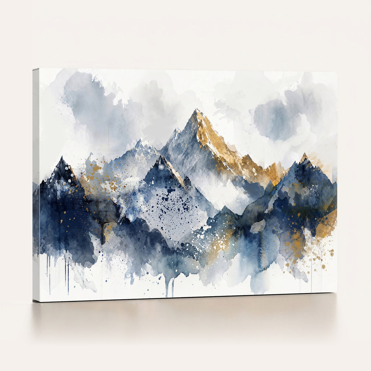 87460616-MGV-CV-36X24 - Abstract Mountain Canvas Wall Art, Blue Gold Foil Landscape Print, Modern Indigo Watercolor Poster, Large Abstract Nature, Luxury Office Gift