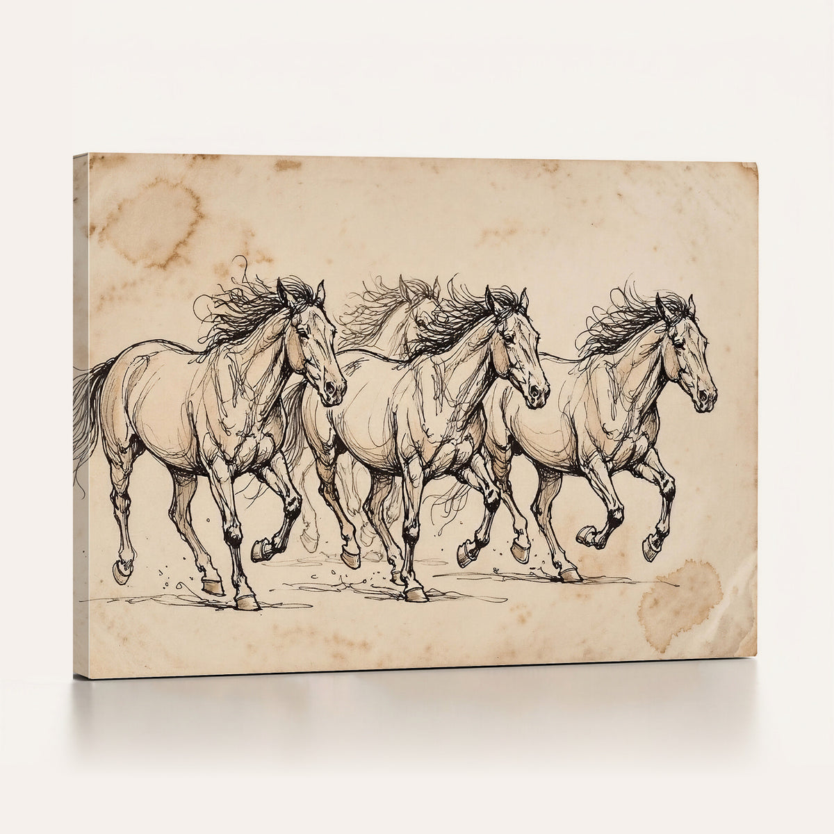 18242163-MGV-CV-36X24 - Vintage Horse Sketch Canvas Wall Art, Wild Horses Pencil Drawing Print, Antique Parchment Western Decor, Equine Sketching, Country Manor Gift