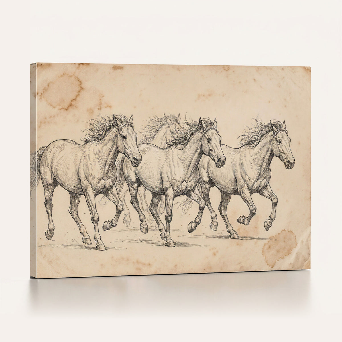 16644391-MGV-CV-36X24 - Vintage Horse Sketch Canvas Wall Art, Wild Horses Pencil Drawing Print, Antique Parchment Western Decor, Equine Sketching, Country Manor Gift