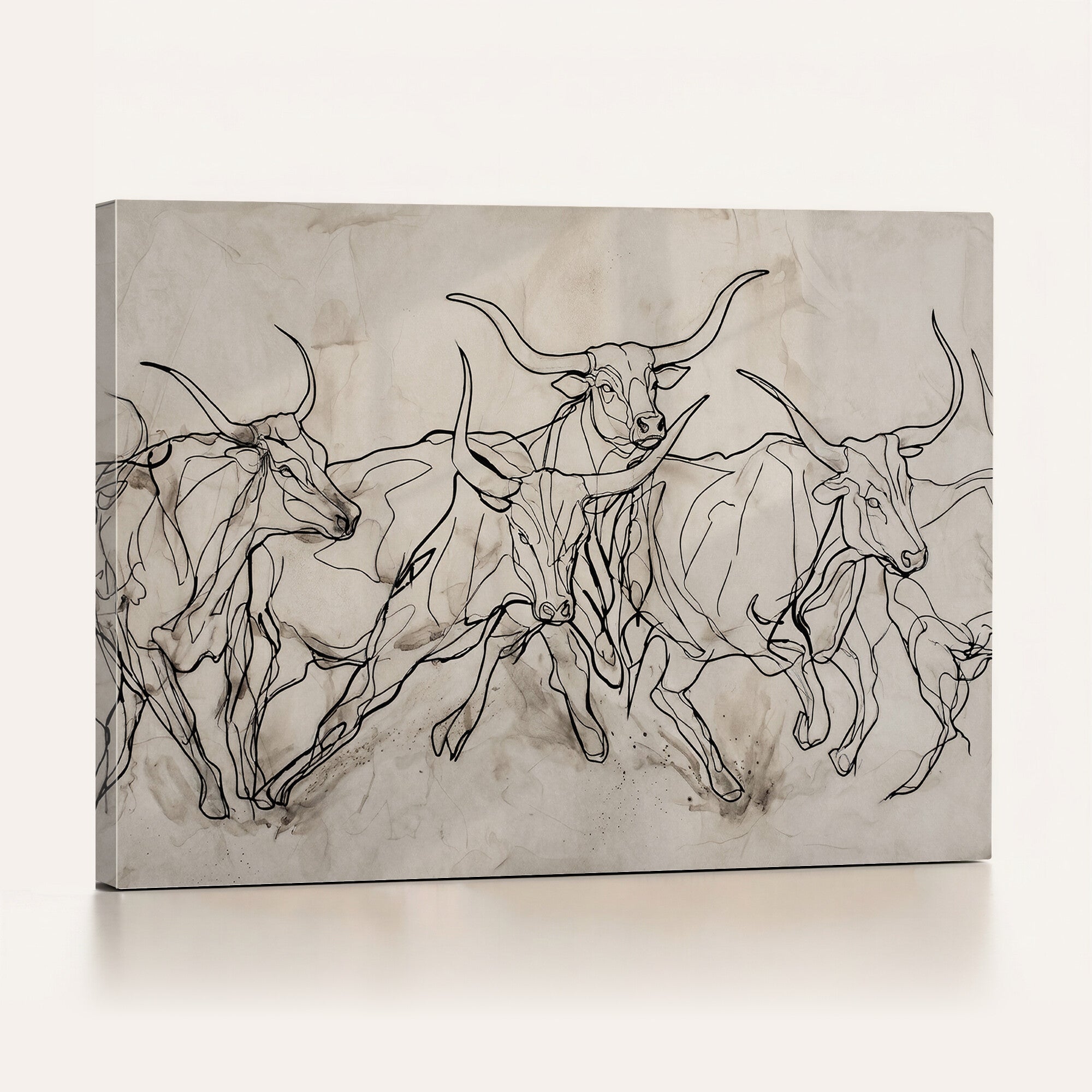16671245-MGV-CV-36X24 - Minimalist Longhorn Line Art, Modern Texas Bull Canvas Print, Abstract Western Wall Decor, Continuous Line Artwork, Black White Ranch Gift