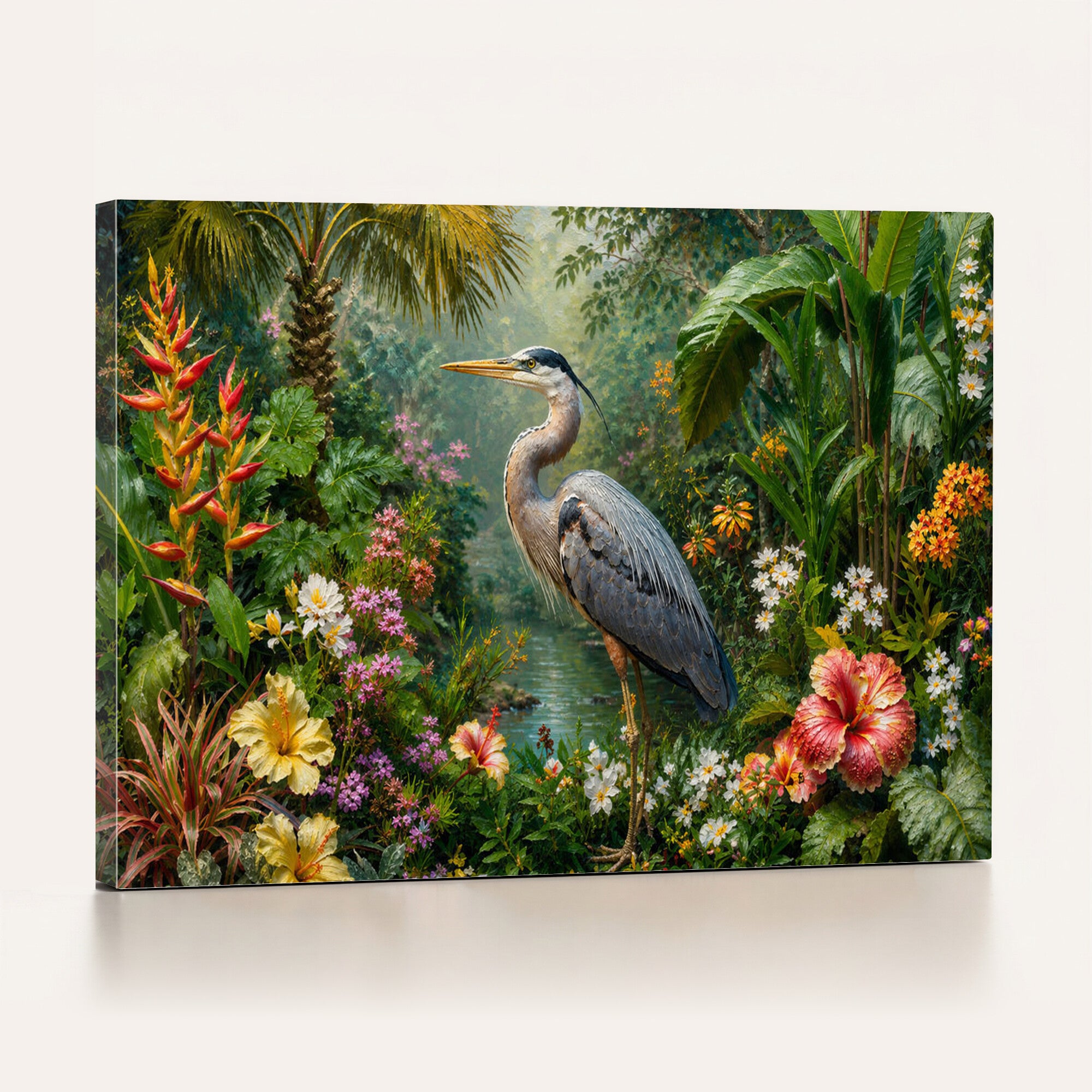 81059387-MGV-CV-36X24 - Great Blue Heron Tropical Jungle Wall Art Canvas Print, Exotic Botanical Garden Painting Print