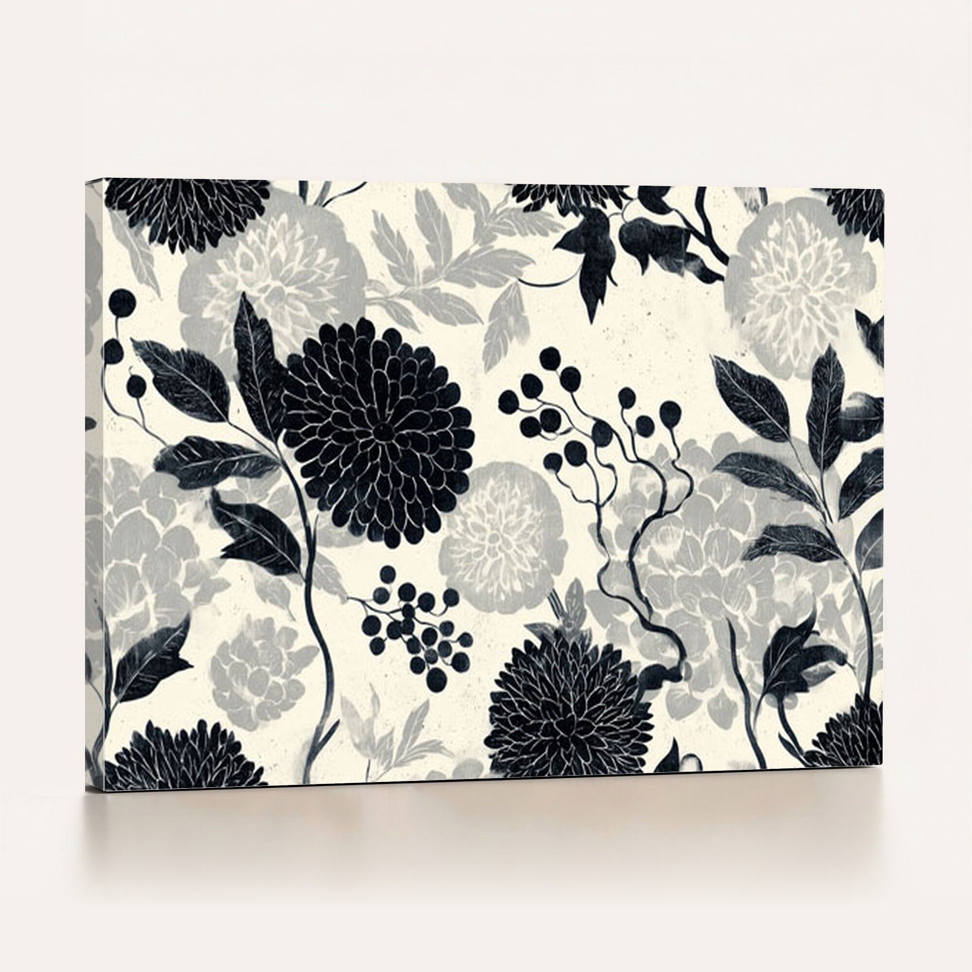 61524791-MGV-CV-36X24 - Vintage Black Chrysanthemum Wall Art Canvas Print, Monochrome Dhalia Floral Painting Print