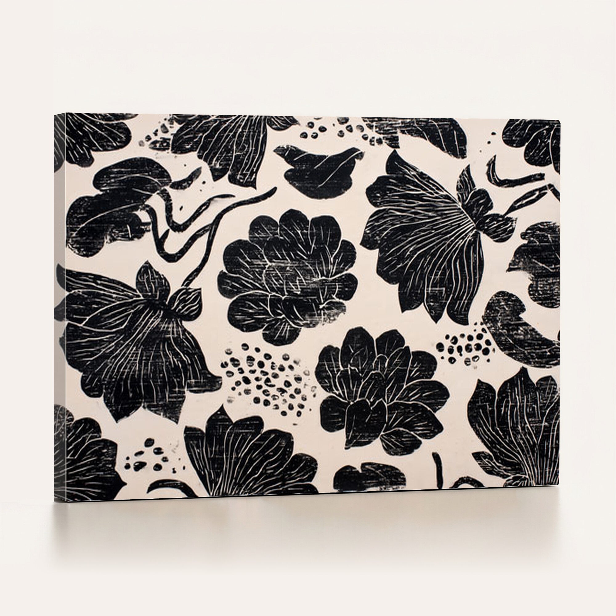 81787117-MGV-CV-36X24 - Linocut Black Lotus Floral Wall Art Canvas Print, Vintage Monochrome Botanical Painting Print
