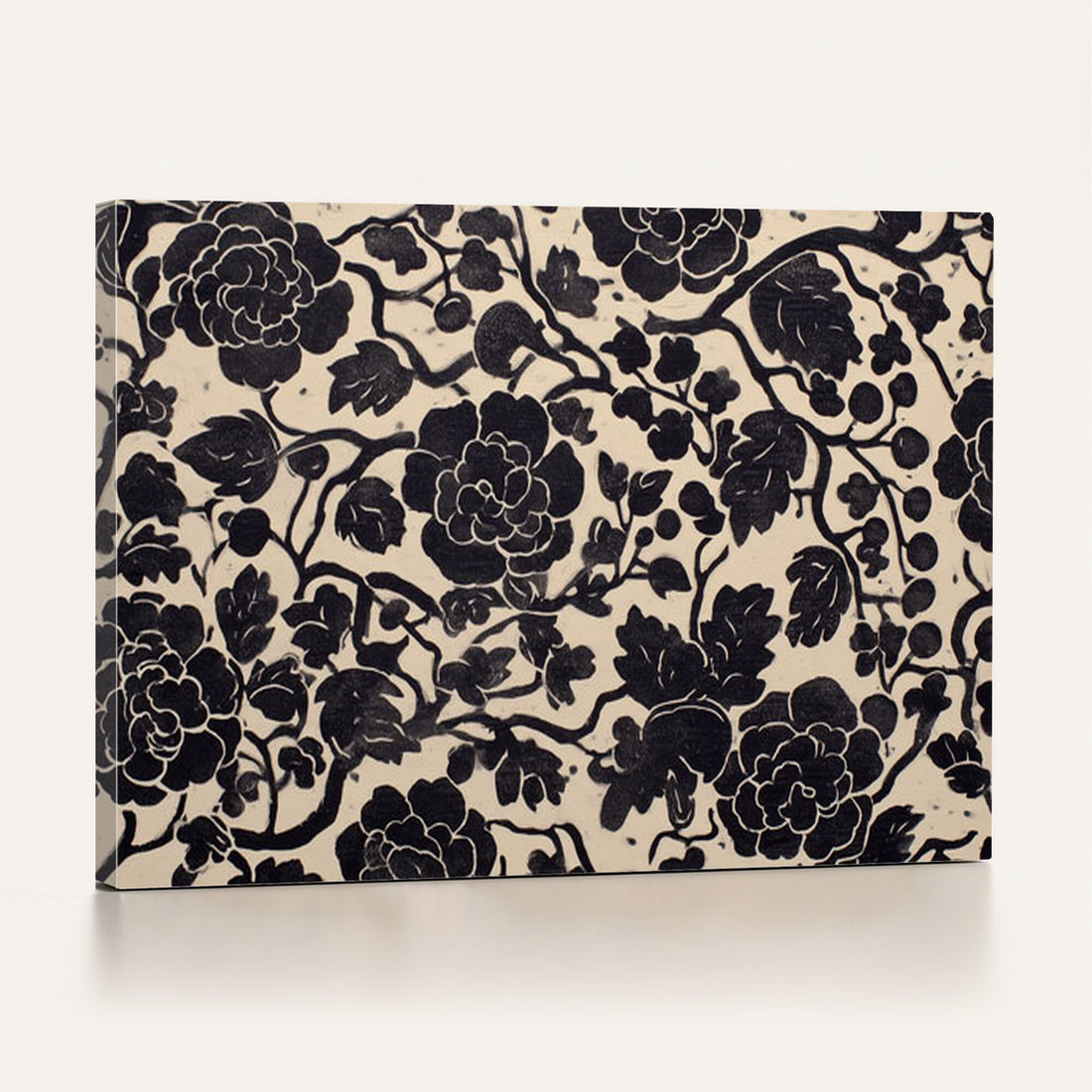 Vintage Black and Cream Floral Wall Art Canvas Print, Chinoiserie Botanical Print