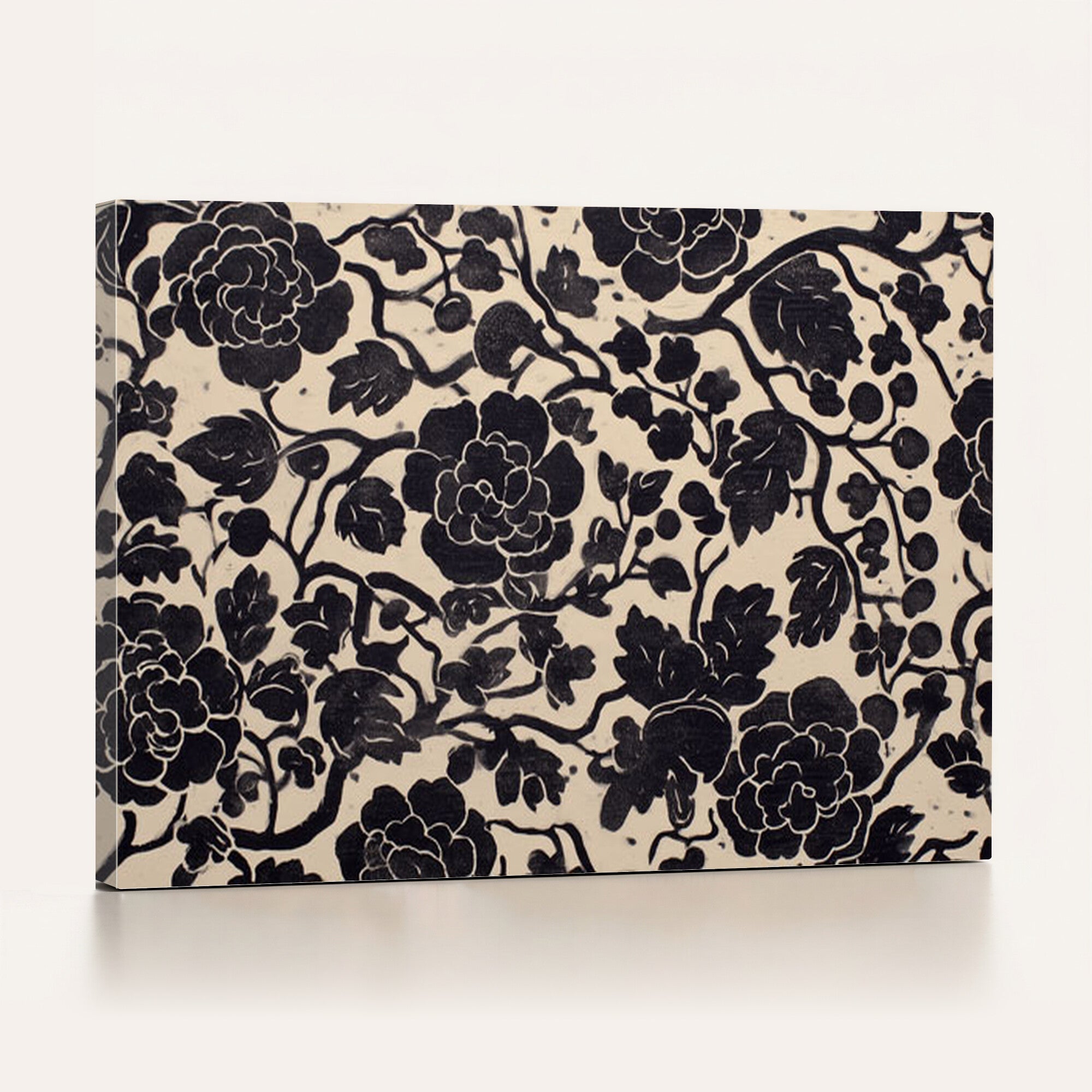 86696255-MGV-CV-36X24 - Vintage Black and Cream Floral Wall Art Canvas Print, Chinoiserie Botanical Painting Print