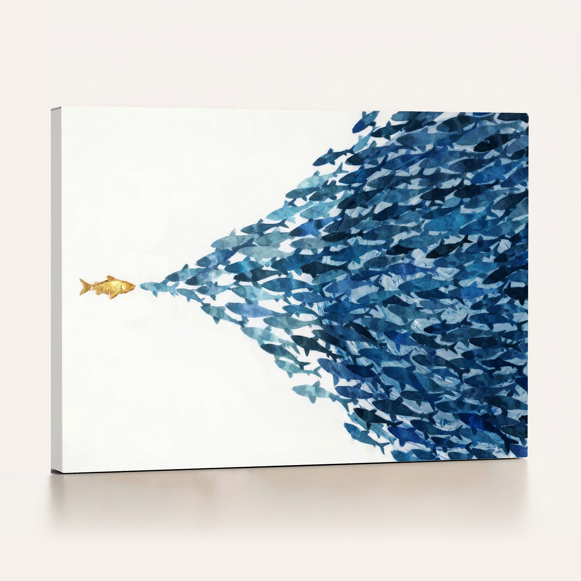 79089639-MGV-CV-36X24 - Abstract Blue Fish School Canvas Wall Art, Gold Foil Accent Marine Print
