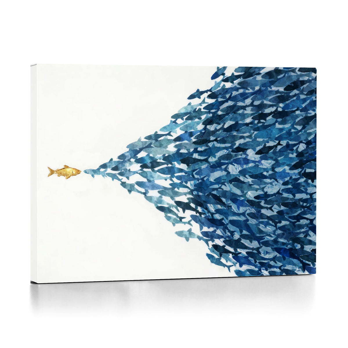 79089639-MGV-CV-36X24 - Abstract Blue Fish School Canvas Wall Art, Gold Foil Accent Marine Print
