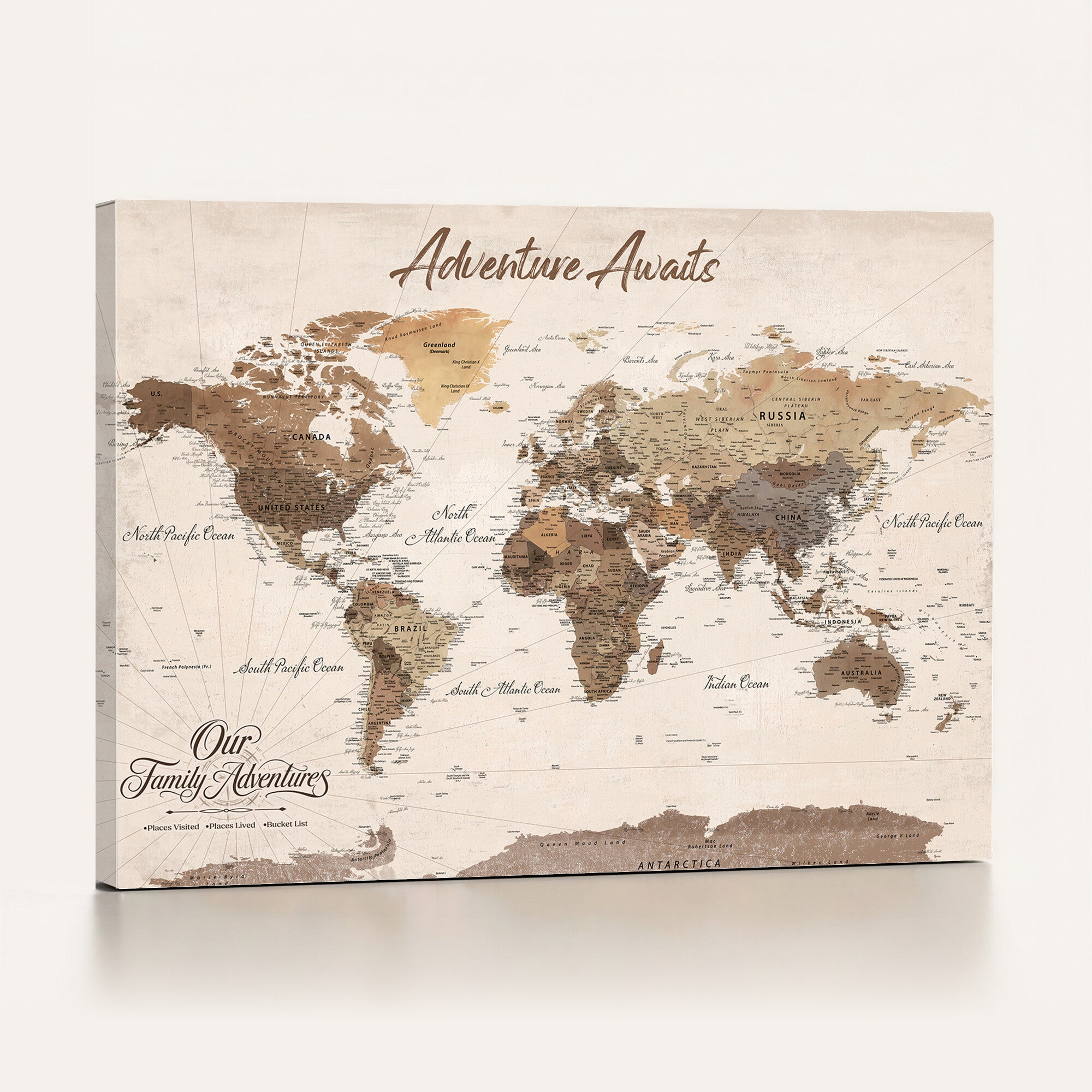 Our Family Adventures Push Pin World Map Wall Art Canvas Print