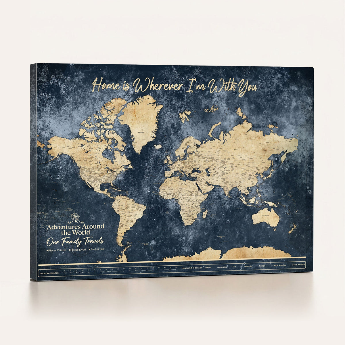 98668848-MGV-CV-36X24 - Our Family Adventures Push Pin World Map Wall Art Canvas Print - Family Travel Tracker Map with Pins