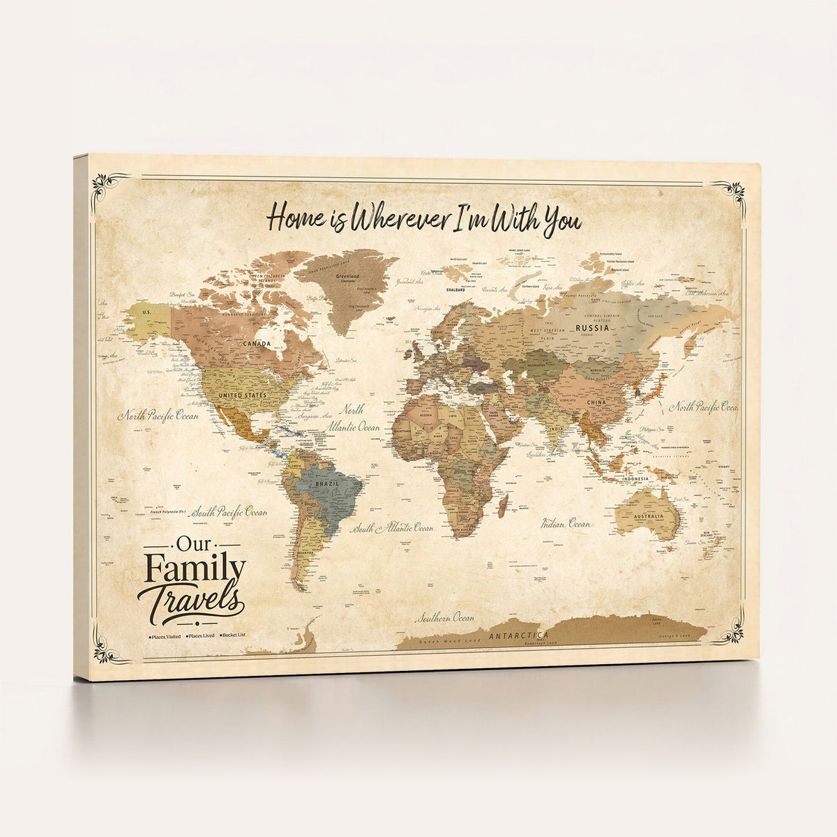 94272126-MGV-CV-36X24 - Our Family Adventures Push Pin World Map Wall Art Canvas Print - Family Travel Tracker Map with Pins