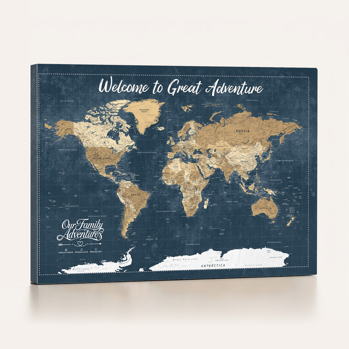86877844-MGV-CV-36X24 - Our Family Adventures Push Pin World Map Wall Art Canvas Print - Family Travel Tracker Map with Pins