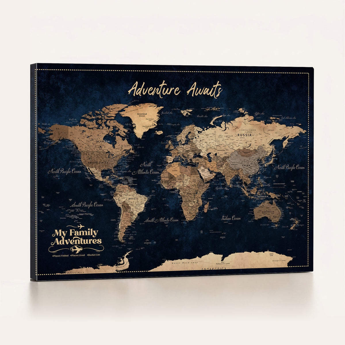82827666-MGV-CV-36X24 - Our Family Adventures Push Pin World Map Wall Art Canvas Print - Family Travel Tracker Map with Pins