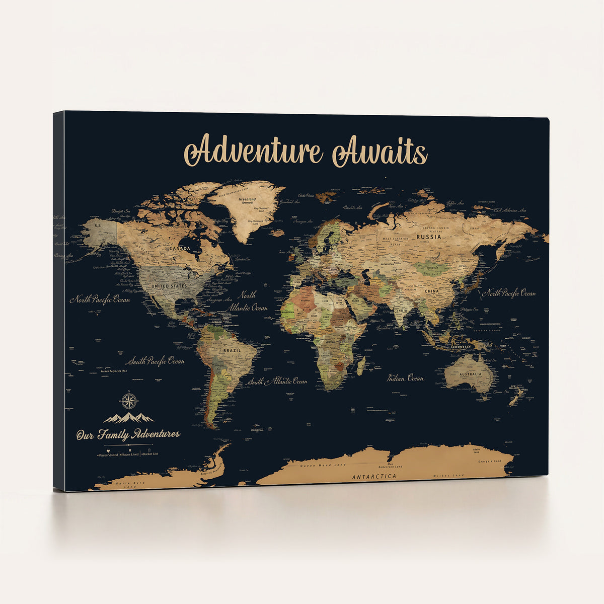88994085-MGV-CV-36X24 - Our Family Adventures Push Pin World Map Wall Art Canvas Print - Family Travel Tracker Map with Pins