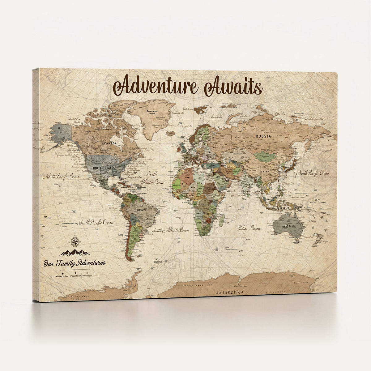 12264959-MGV-CV-36X24 - Our Family Adventures Push Pin World Map Wall Art Canvas Print - Family Travel Tracker Map with Pins