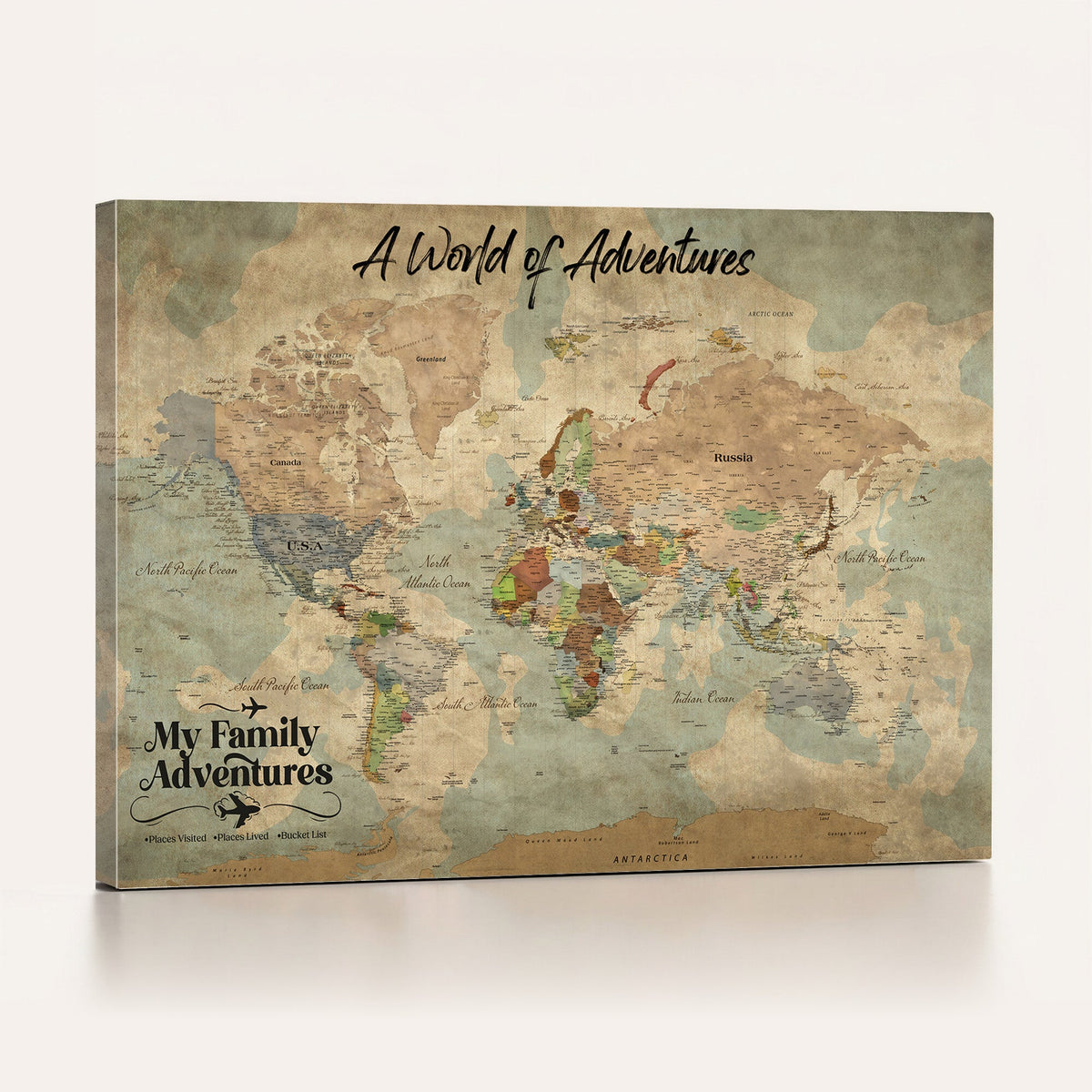 57377793-MGV-CV-36X24 - Our Family Adventures Push Pin World Map Wall Art Canvas Print - Family Travel Tracker Map with Pins