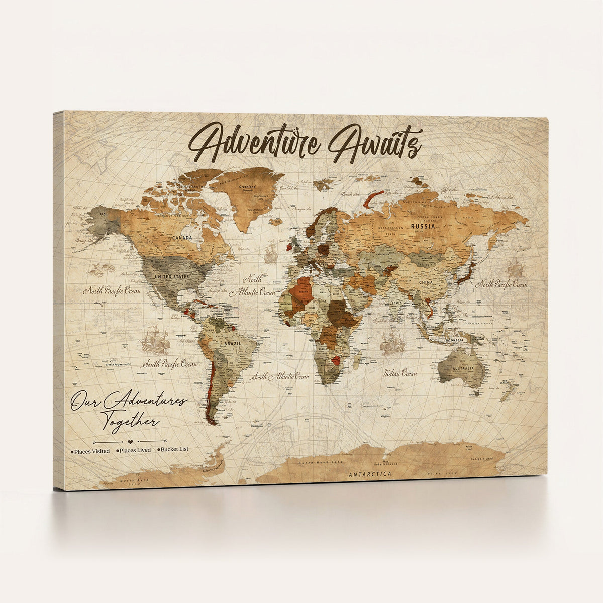 94237870-MGV-CV-36X24 - Our Family Adventures Push Pin World Map Wall Art Canvas Print - Family Travel Tracker Map with Pins